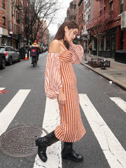 Nara Striped Midi Dress in Ecru/Orange