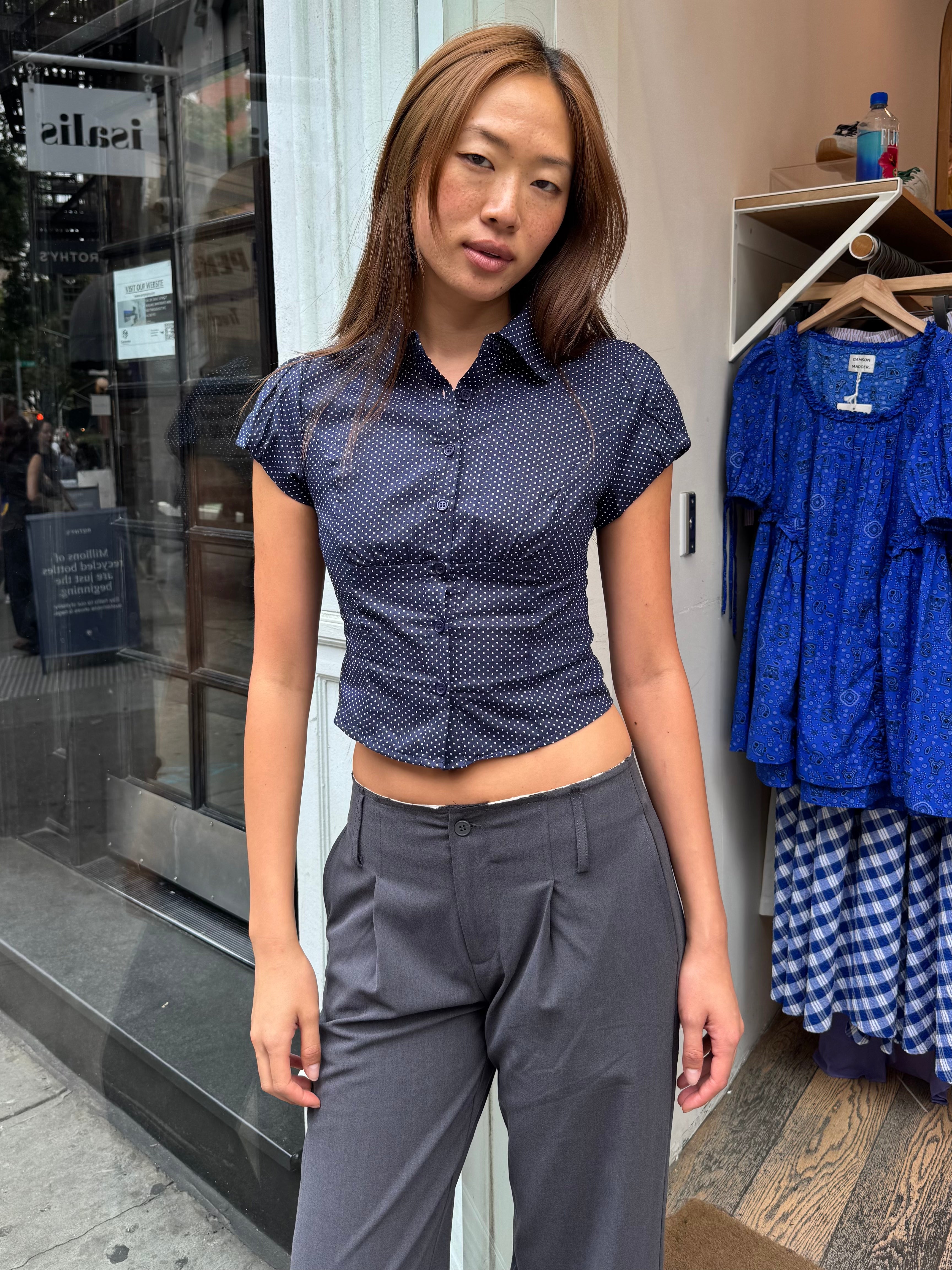 Dasha Button Down Top in Navy Polka Dot