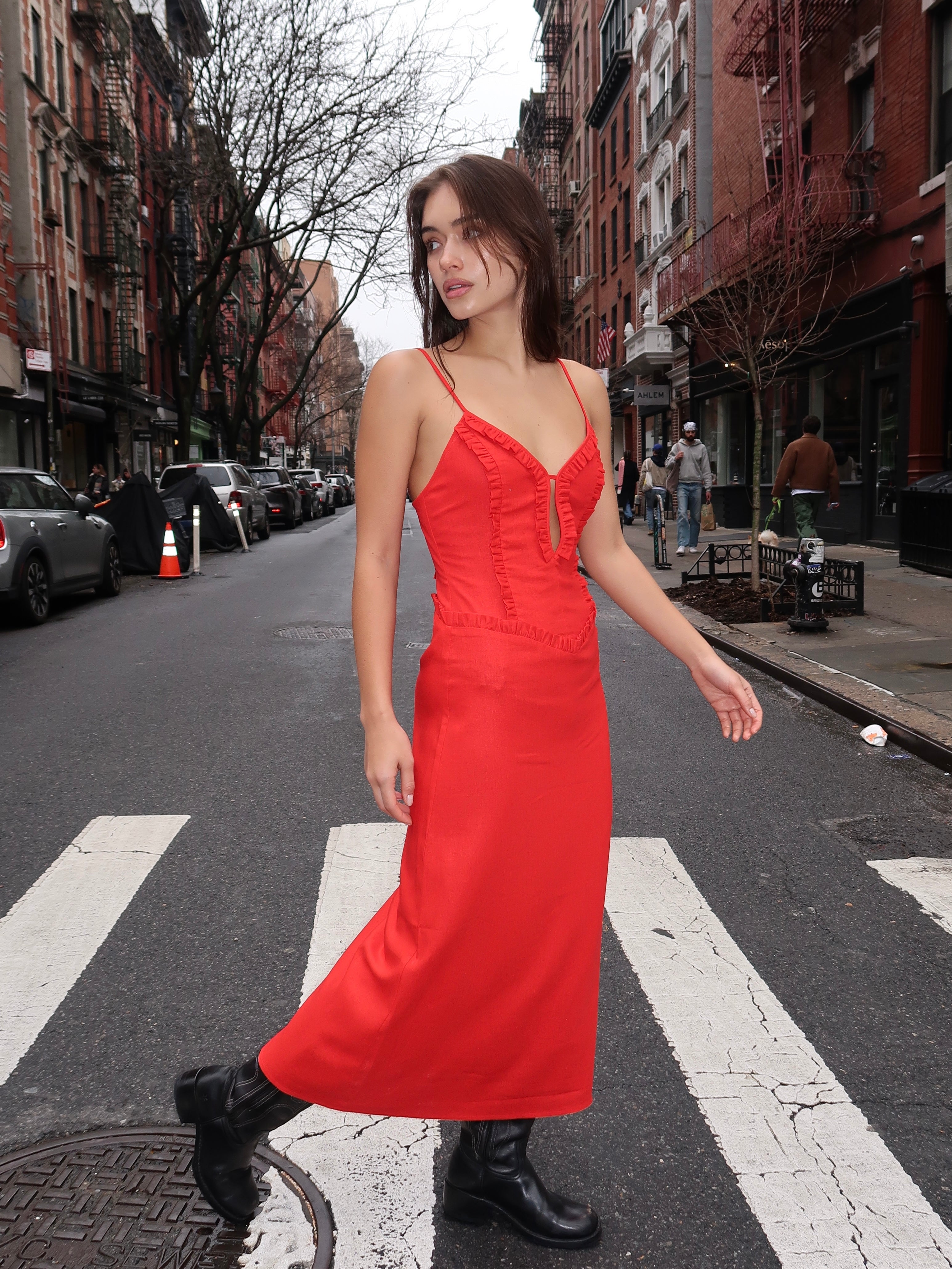 Tulipa Red Linen Midi Dress