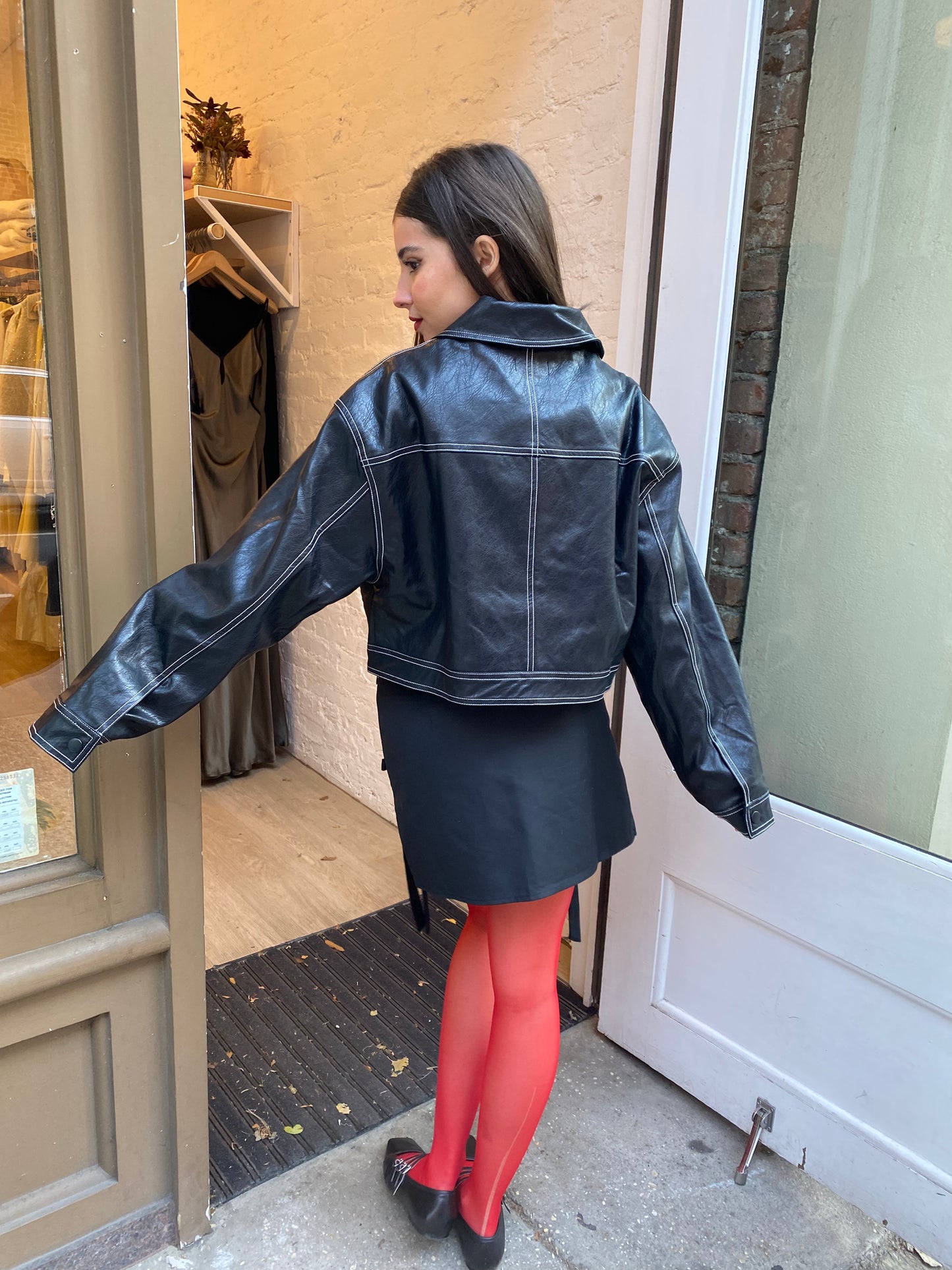 Neo Faux Leather Stitch Jacket in Black