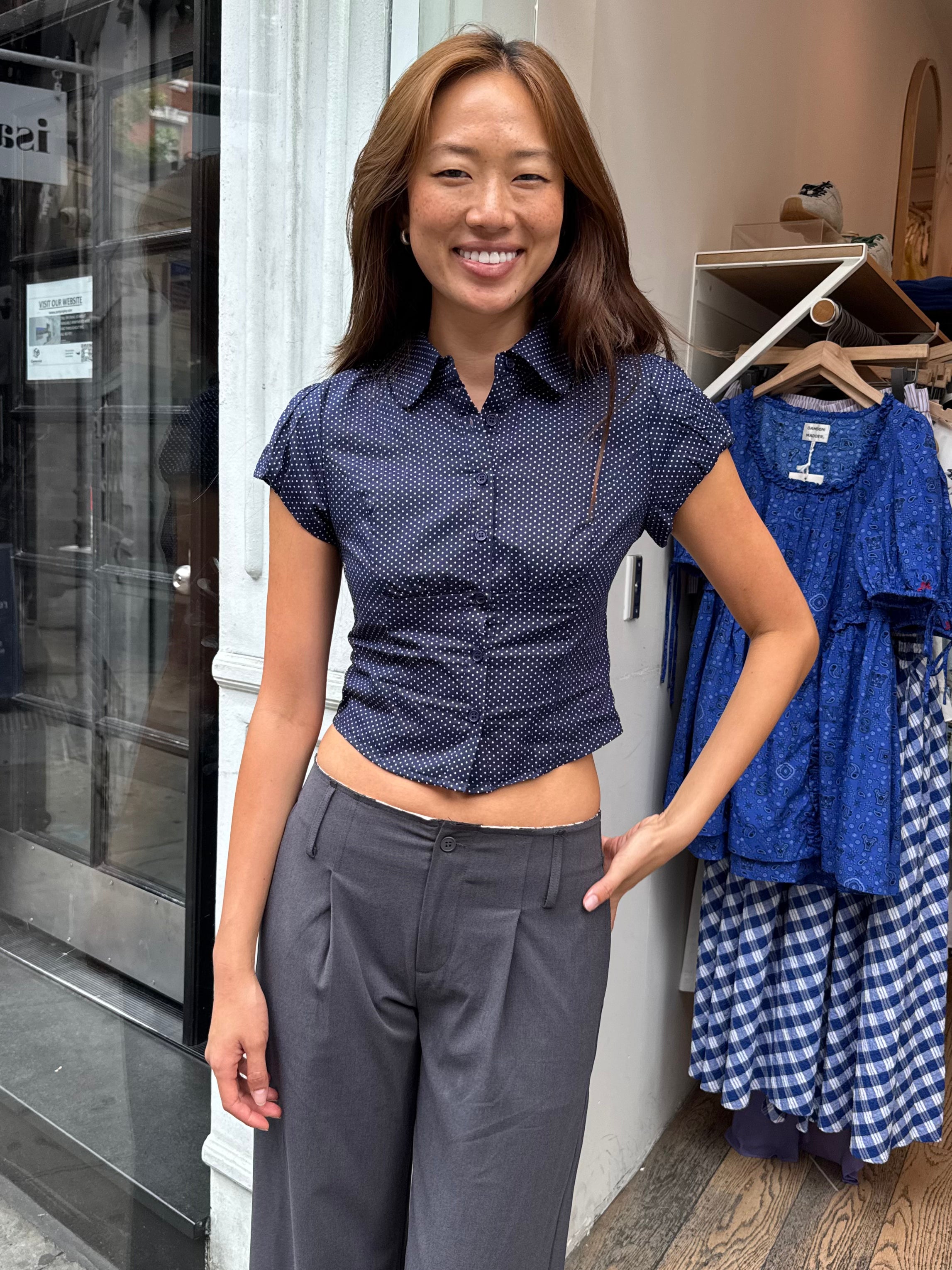 Dasha Button Down Top in Navy Polka Dot
