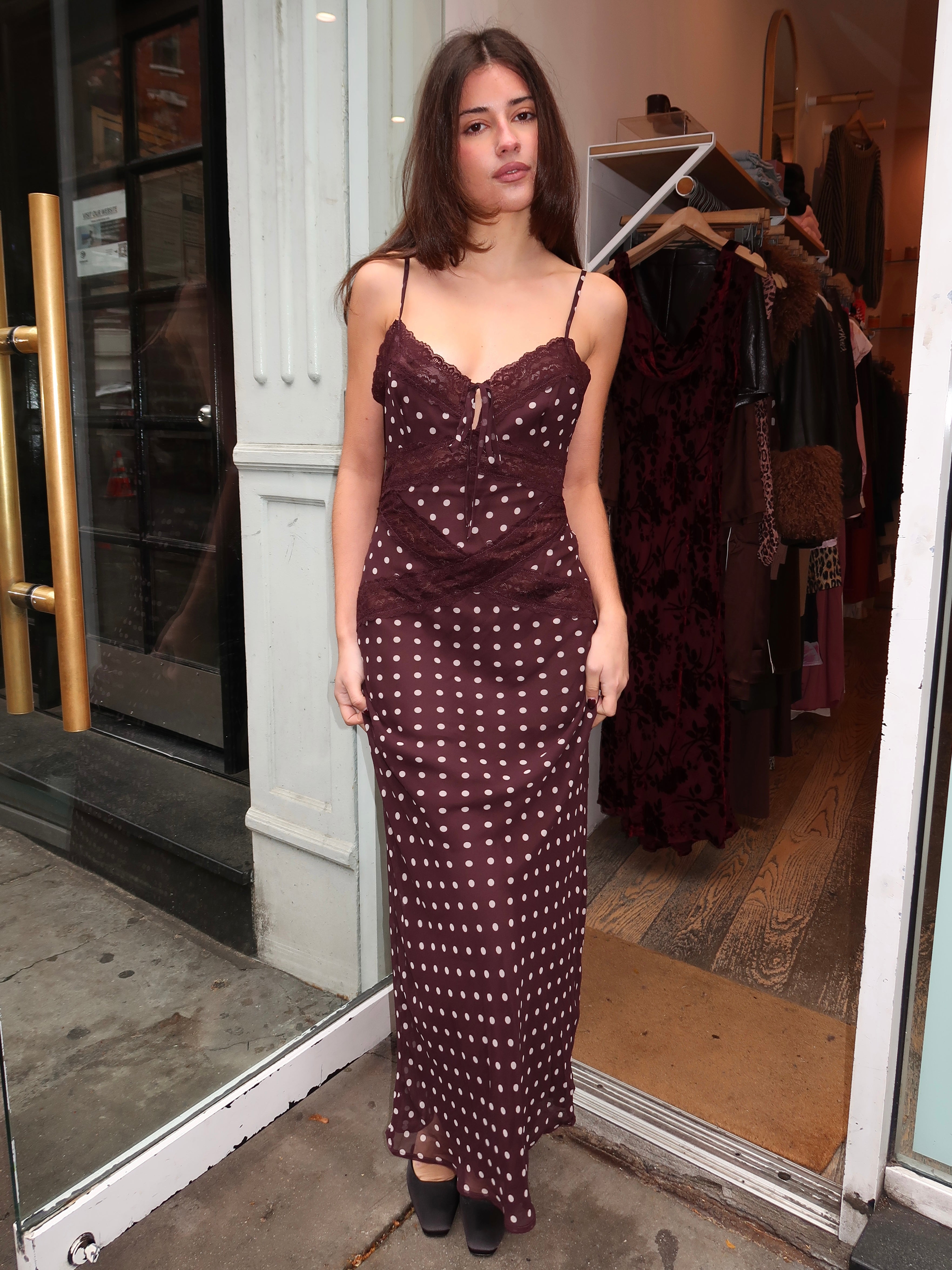 Clarita Maxi Dress in Brown Lace Dot Isalis Clarita Maxi Dress in Brown Lace Dot Isalis