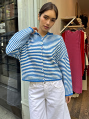 Pisces Button Down Cardigan in Mini Blue Stripe