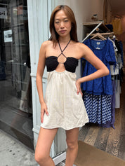 Doja Crochet Halter Mini Dress in Black + Oat