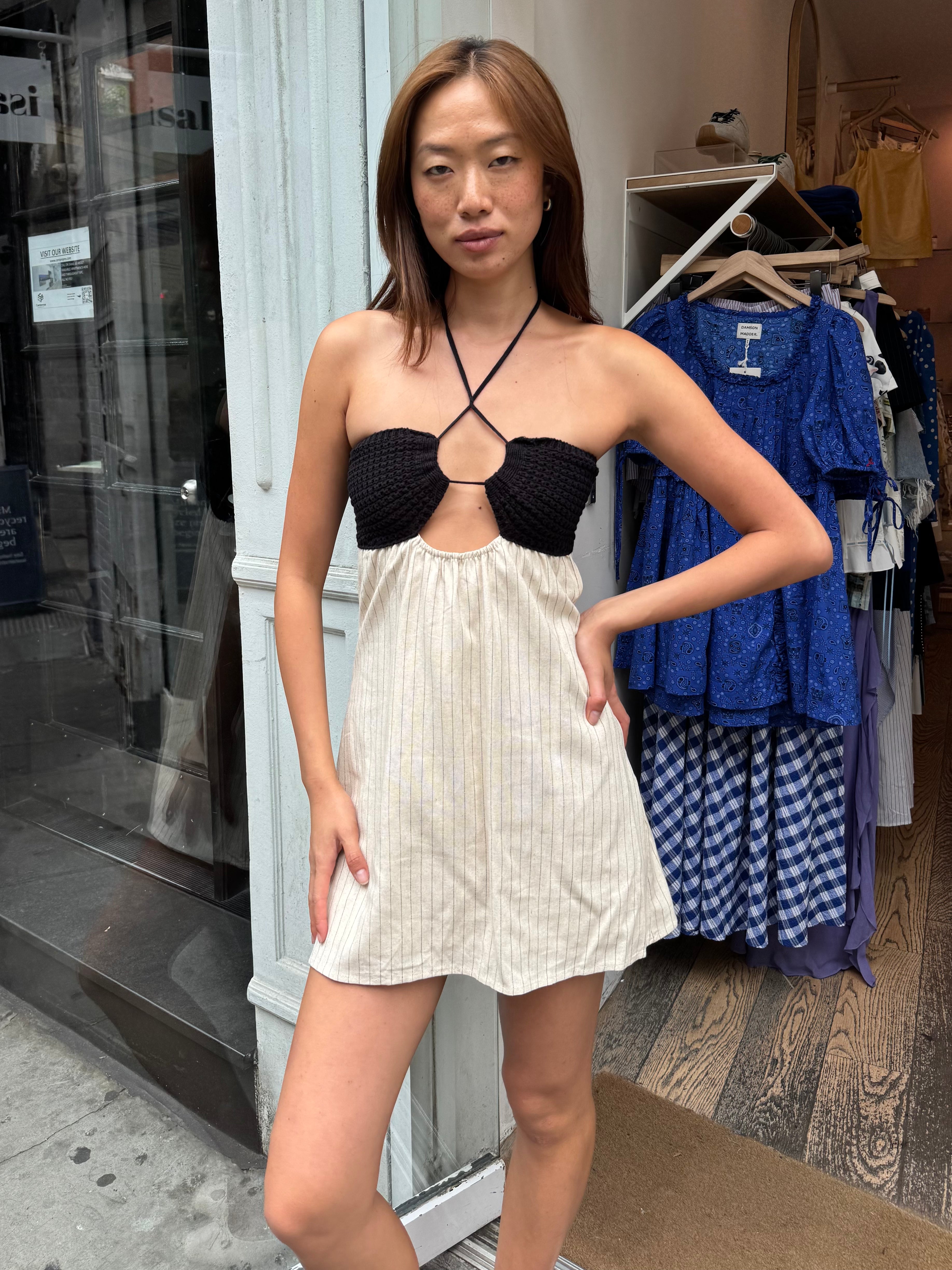Doja Crochet Halter Mini Dress in Black + Oat
