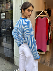 Pisces Button Down Cardigan in Mini Blue Stripe