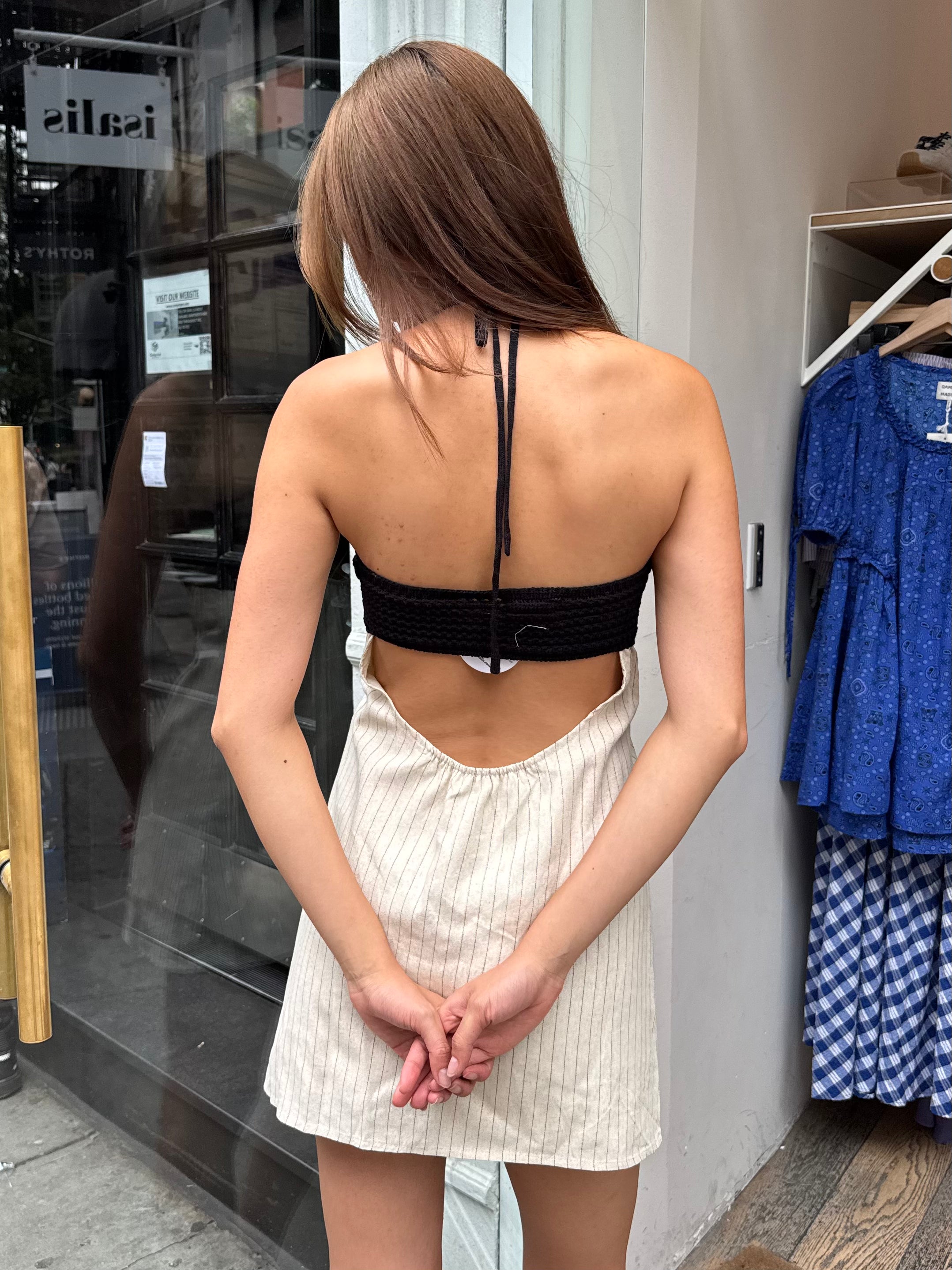 Doja Crochet Halter Mini Dress in Black + Oat