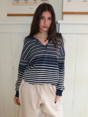 Harlow Oversized Polo in Scandi Stripe Navy Cream