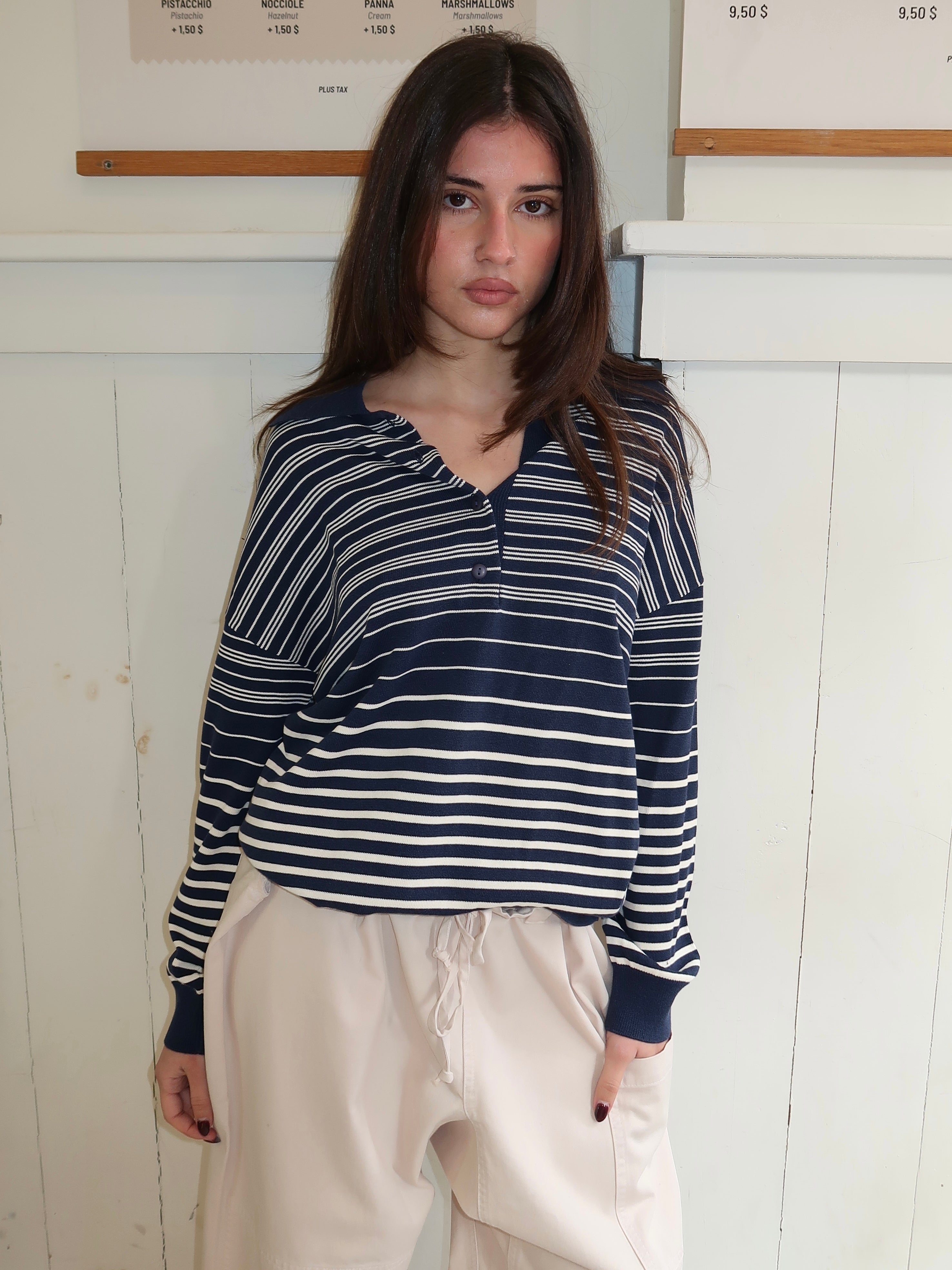 Harlow Oversized Polo in Scandi Stripe Navy Cream
