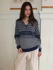 Harlow Oversized Polo in Scandi Stripe Navy Cream
