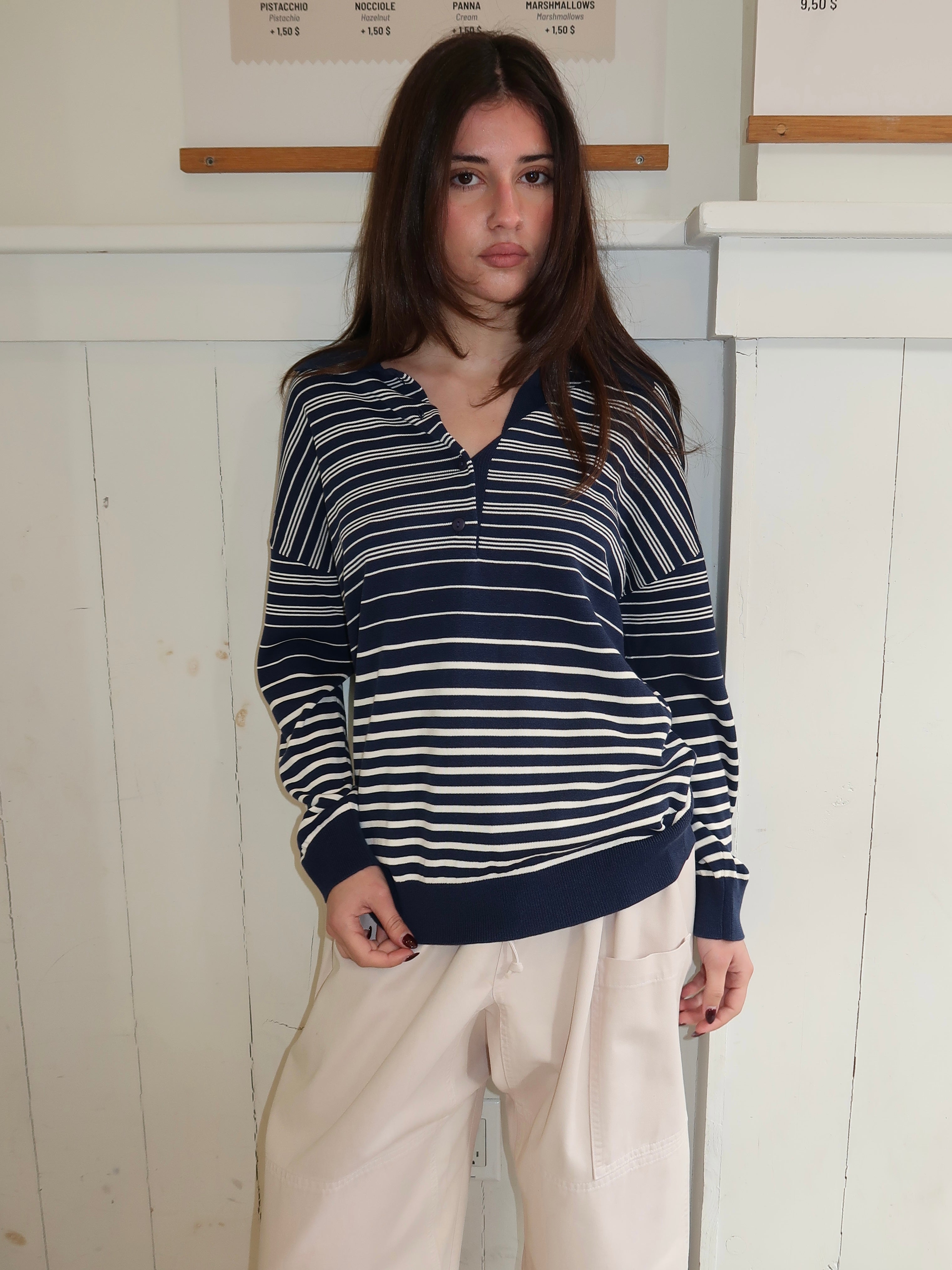 Harlow Oversized Polo in Scandi Stripe Navy Cream