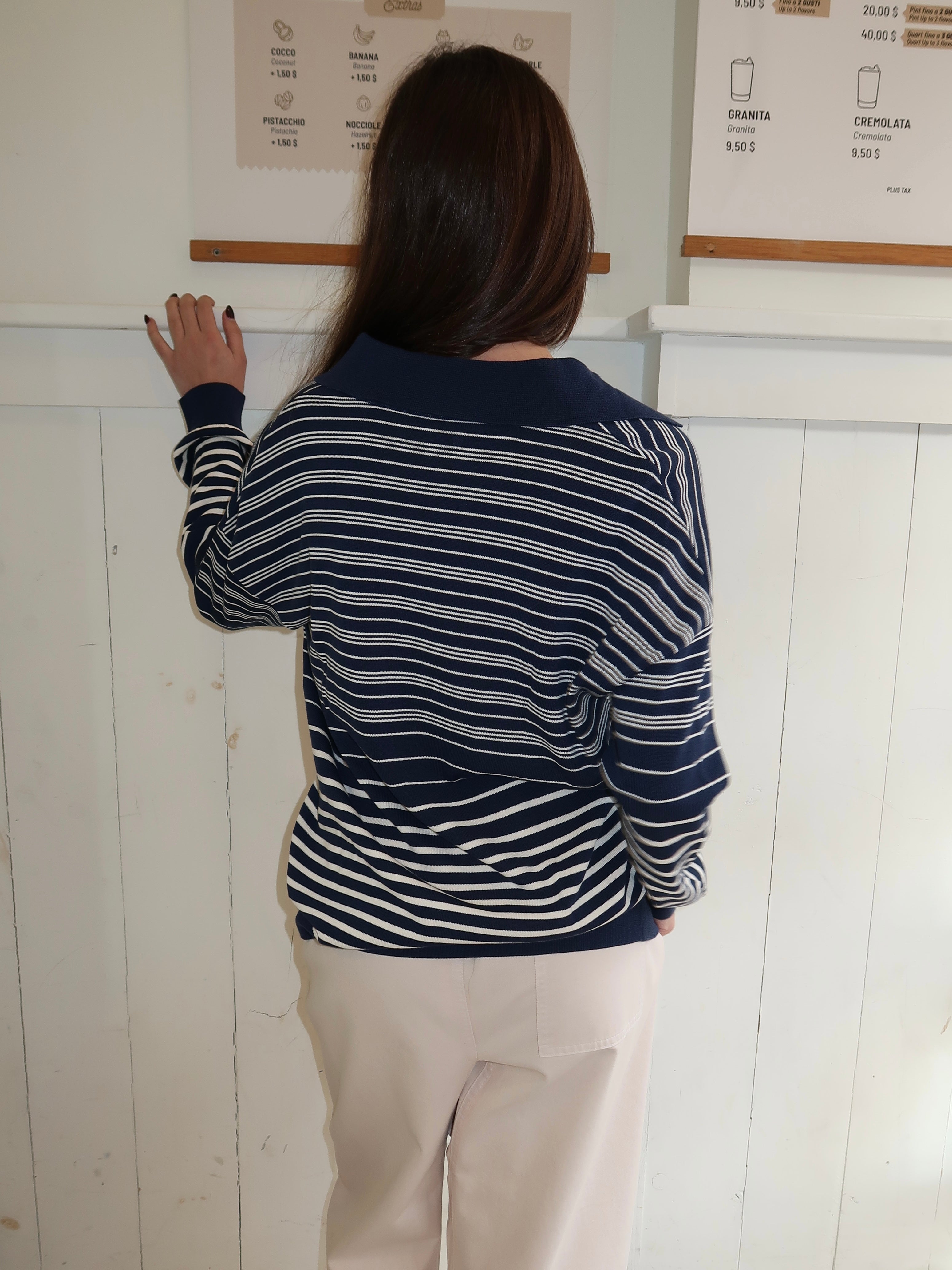 Harlow Oversized Polo in Scandi Stripe Navy Cream