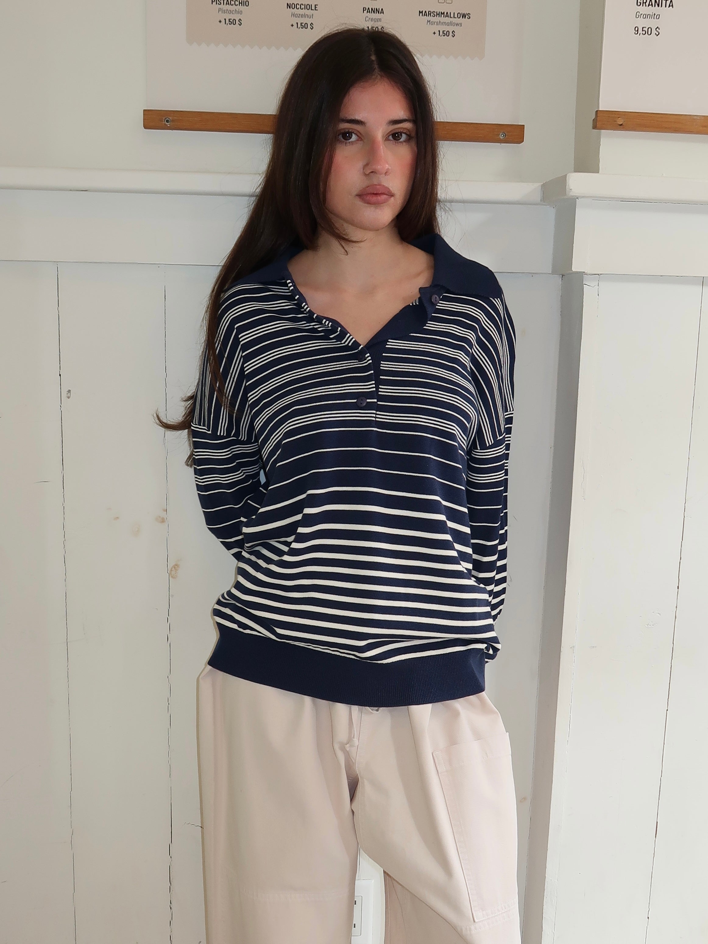 Harlow Oversized Polo in Scandi Stripe Navy Cream
