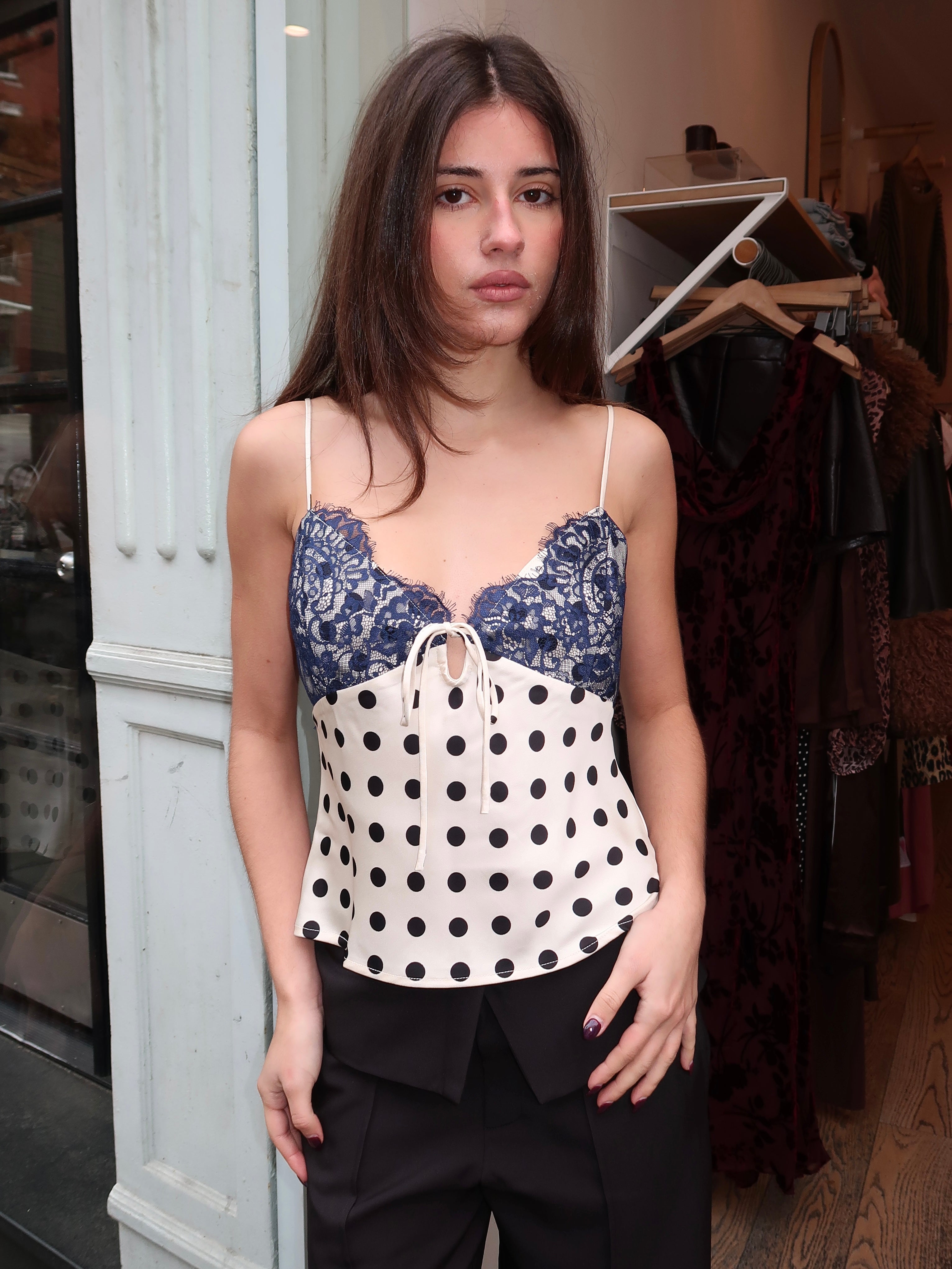 Cosmo Cami in Navy Dot Lace Overlay