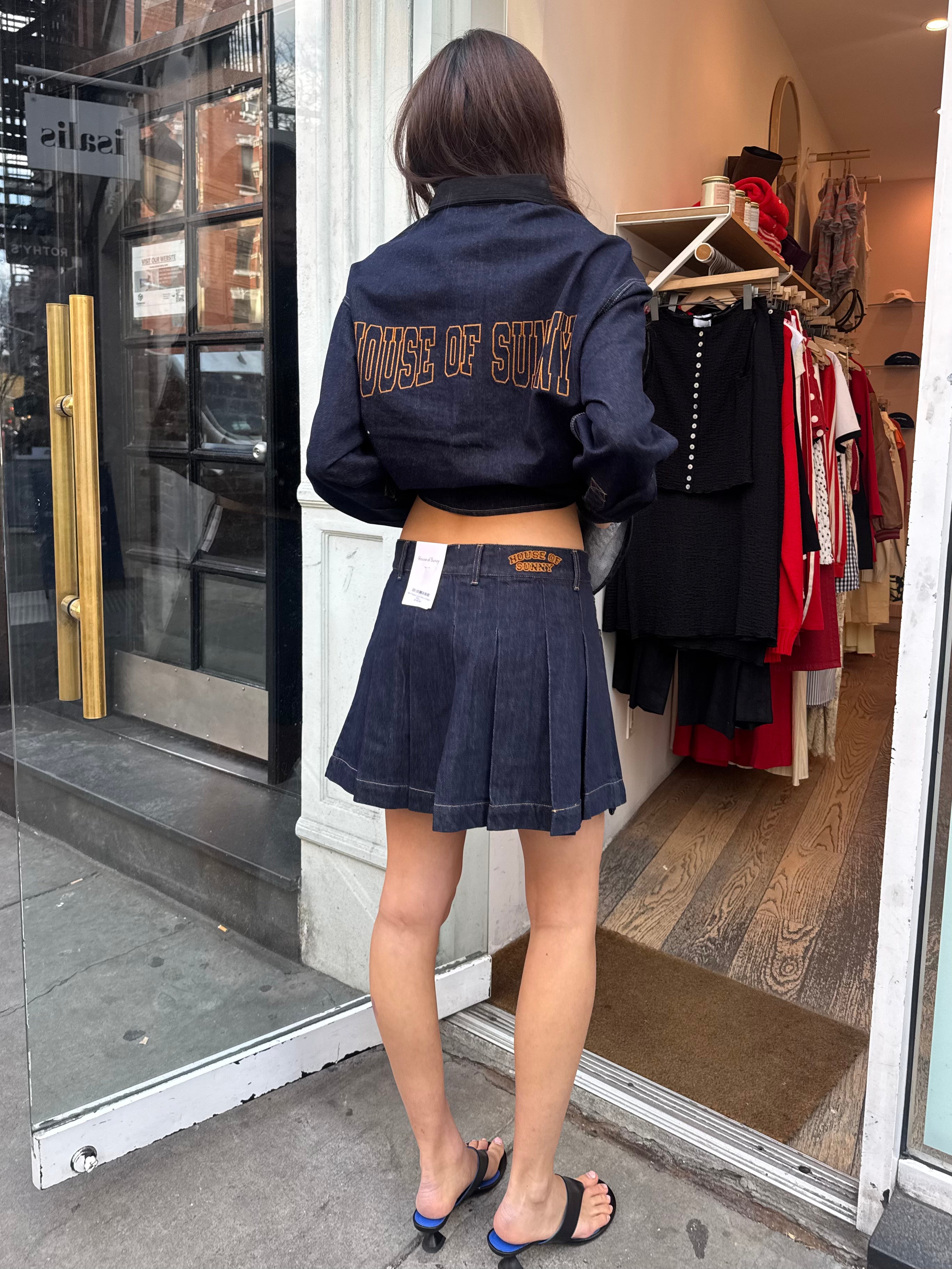 Mini Pleated Denim Skirt in Indigo