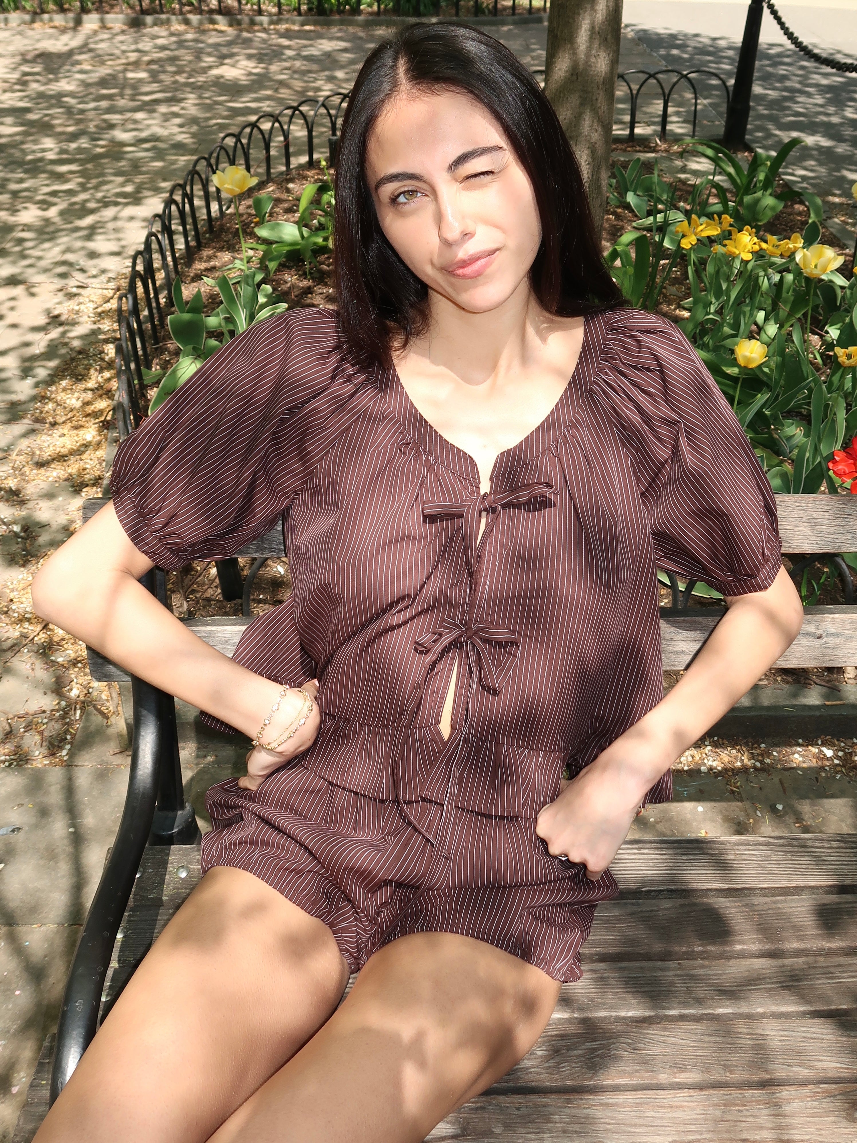 Ellie Puff Top in Brown Stripe
