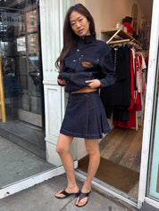 Mini Pleated Denim Skirt in Indigo