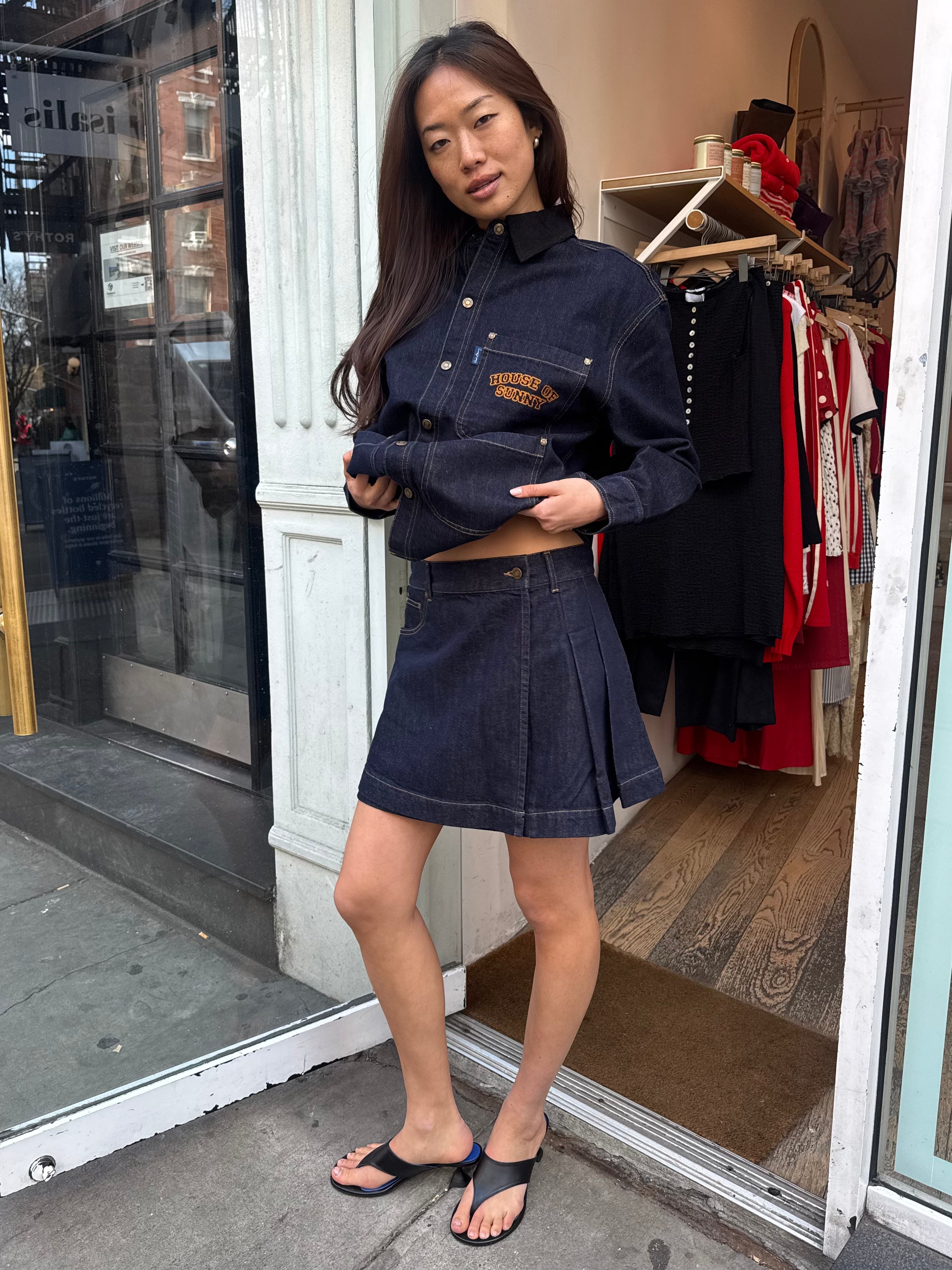 Mini Pleated Denim Skirt in Indigo
