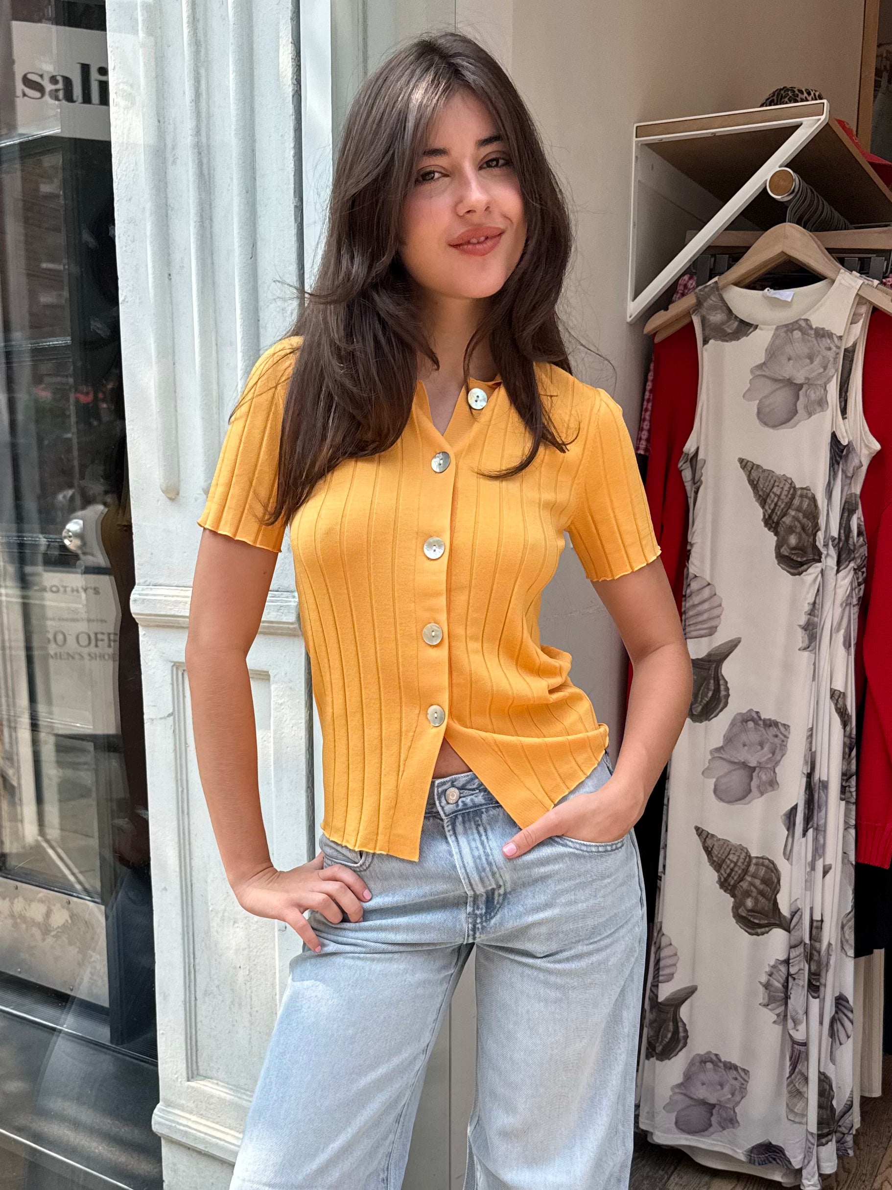 Dominique Ribbed Cardigan in Papaya