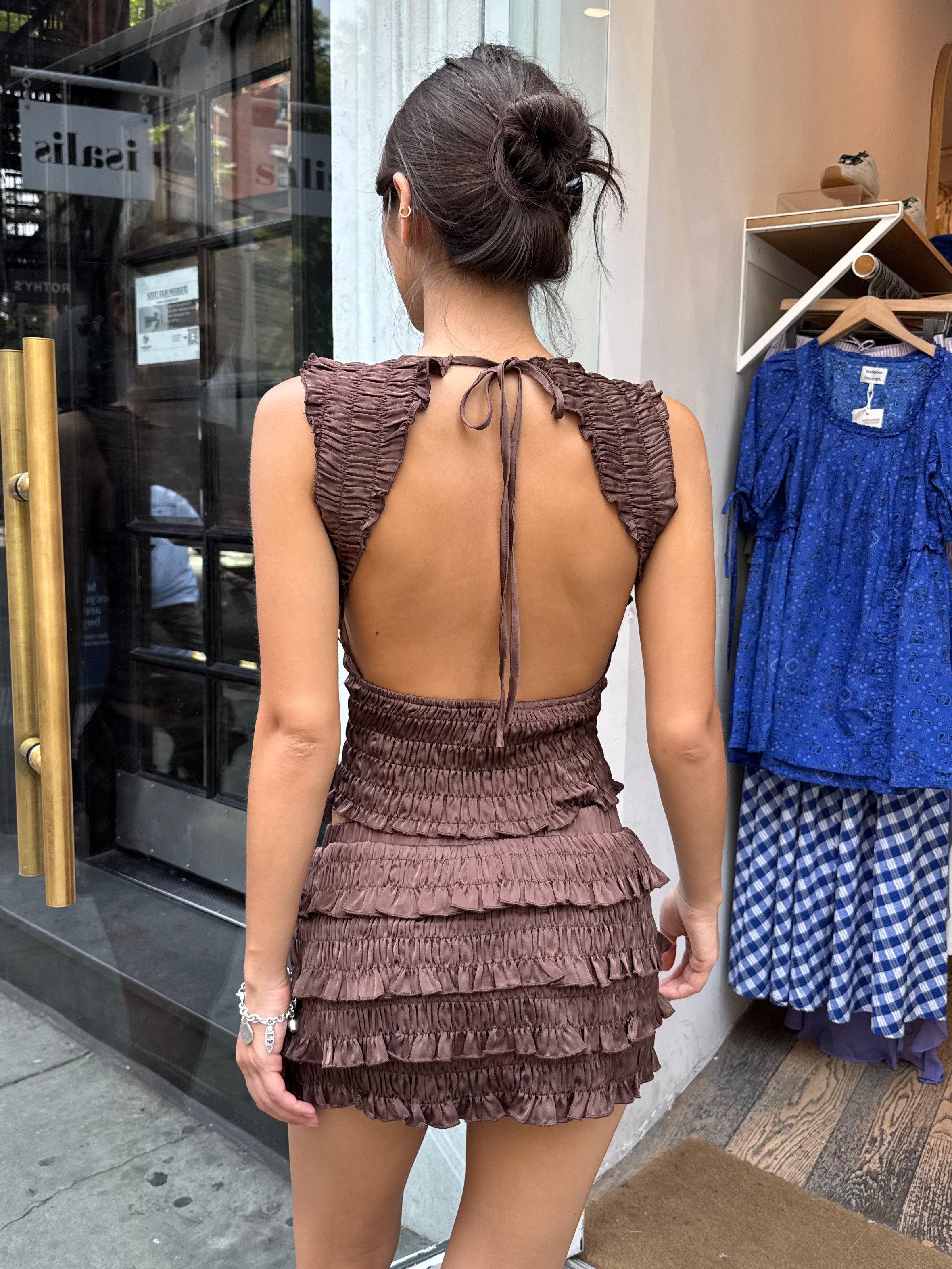 Suess Smocked Open-Back Top in Chocolate