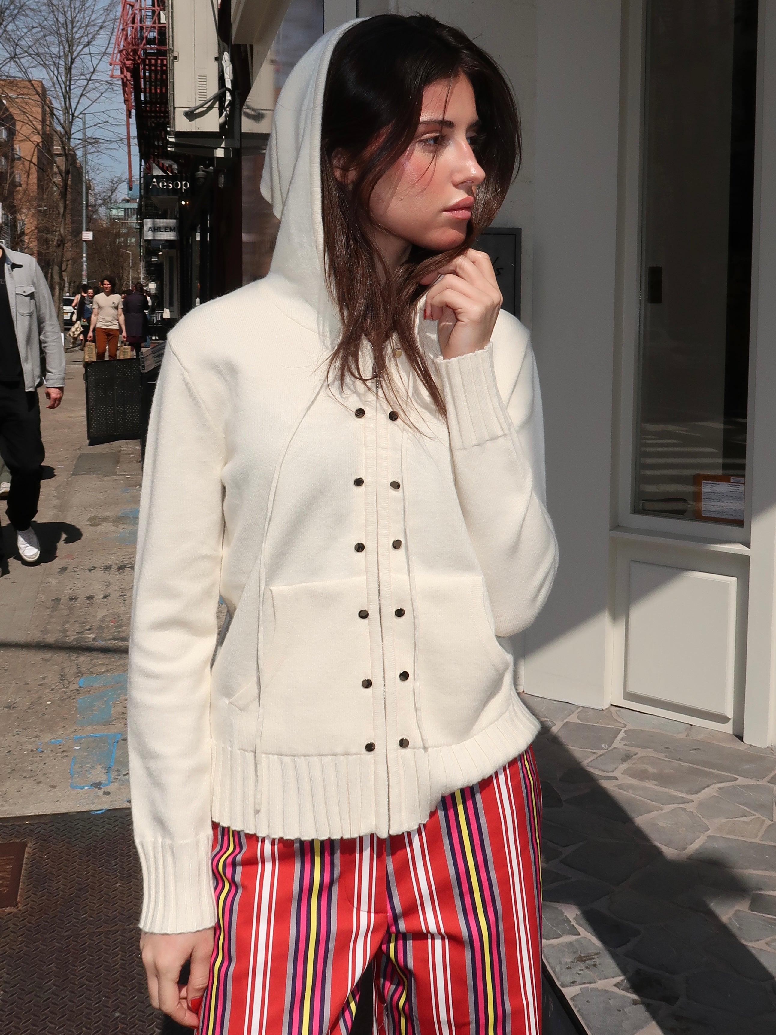 Florana Ecru Zipper Knitted Sweatshirt