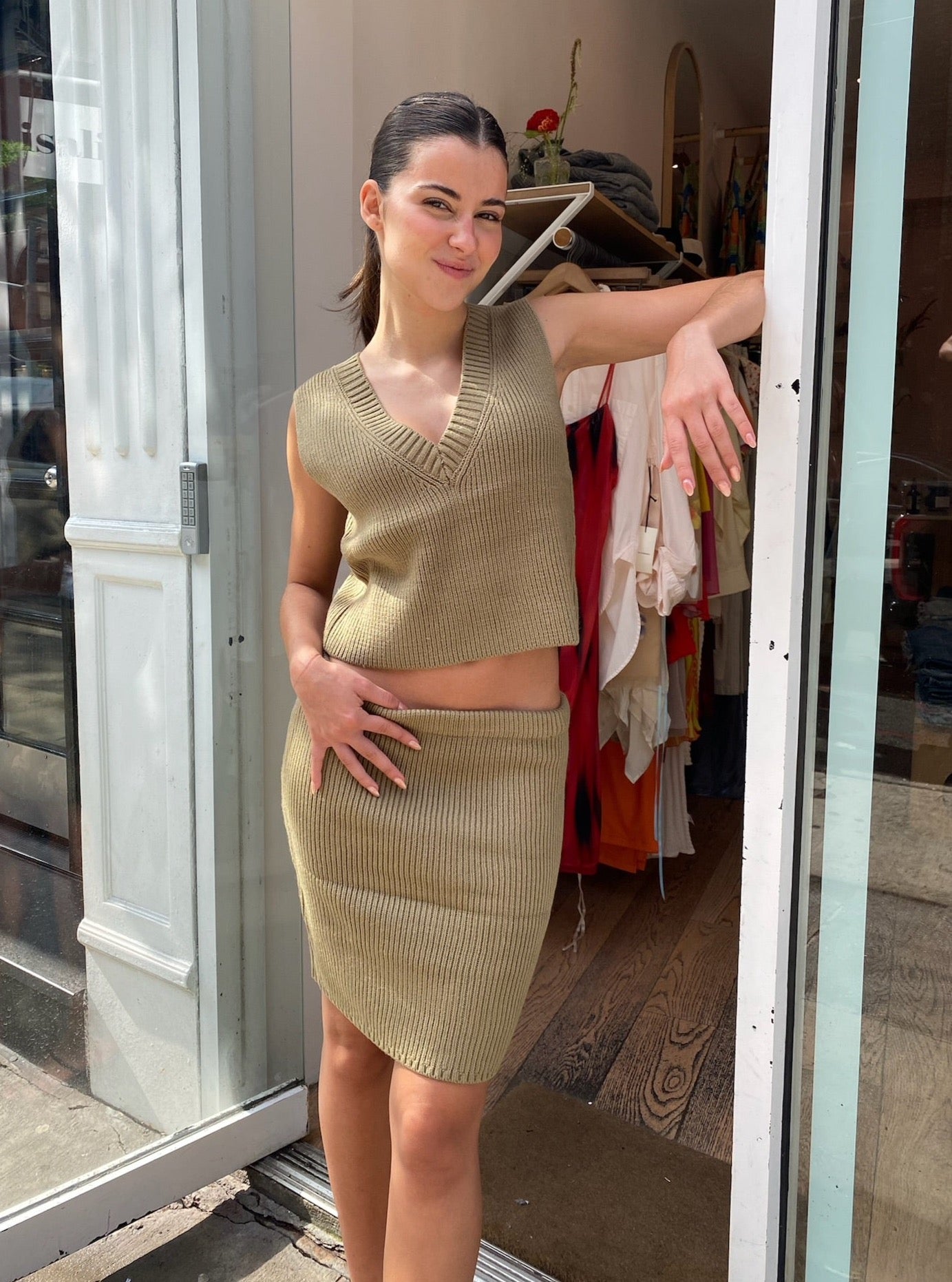 Griffin Knit Vest Set in Olive