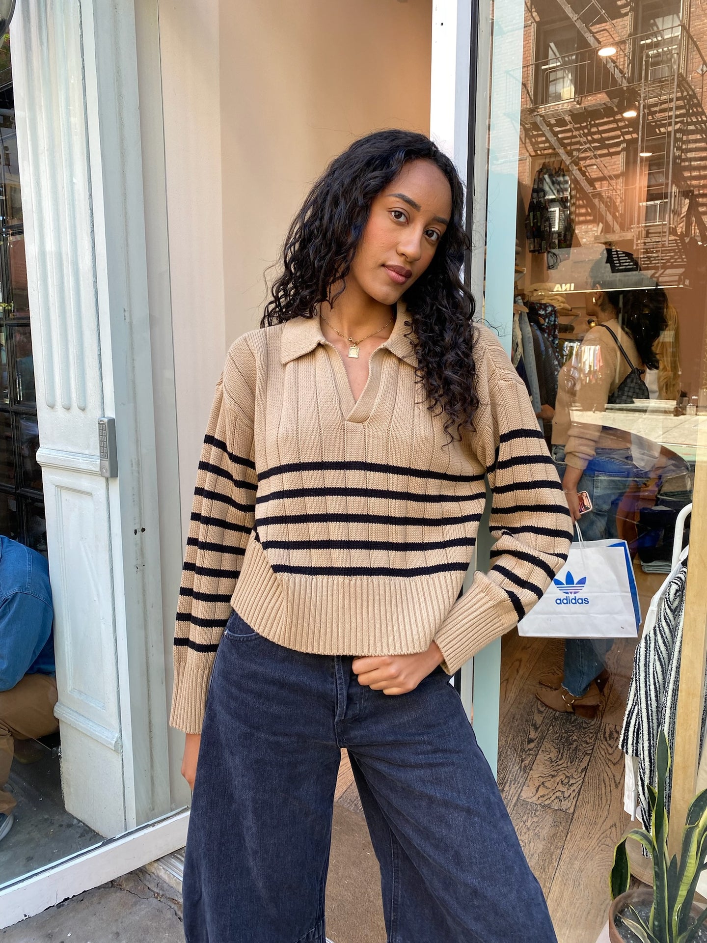 Arlo Polo Sweater in Tan Noir Stripe