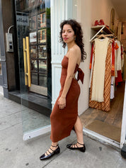 The Strapless Tie Back Midi Dress in Umber