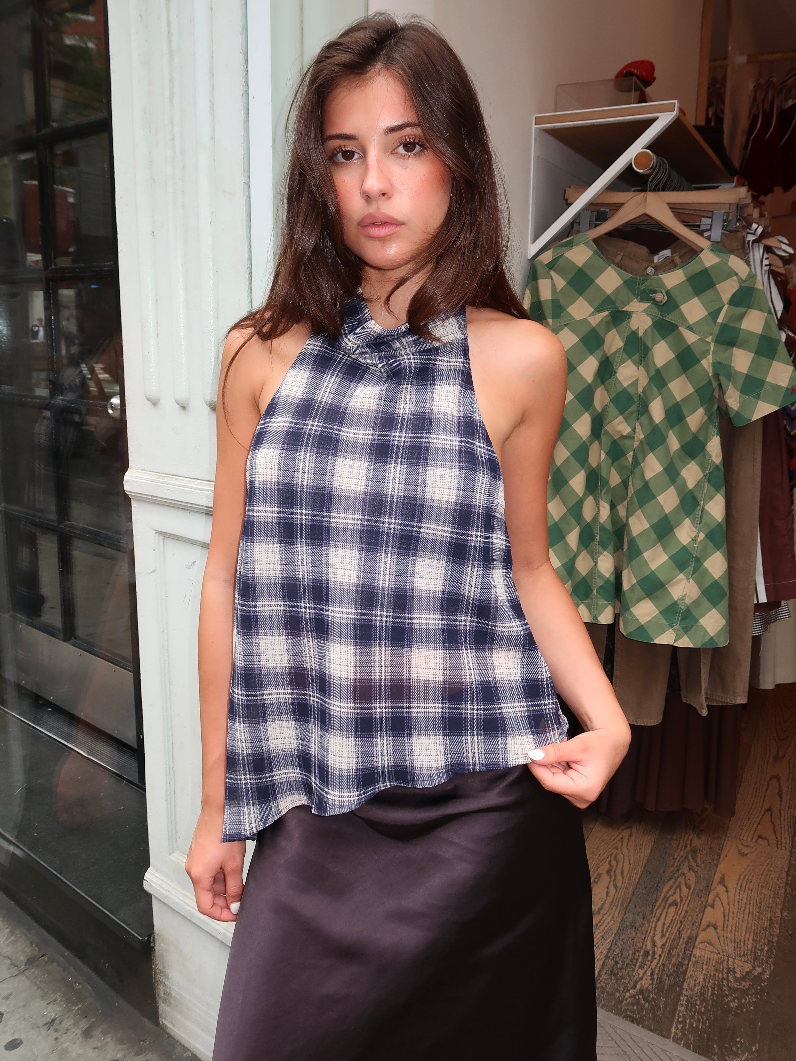 Bristol Halter Top in Navy Plaid