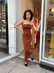 The Strapless Tie Back Midi Dress in Umber
