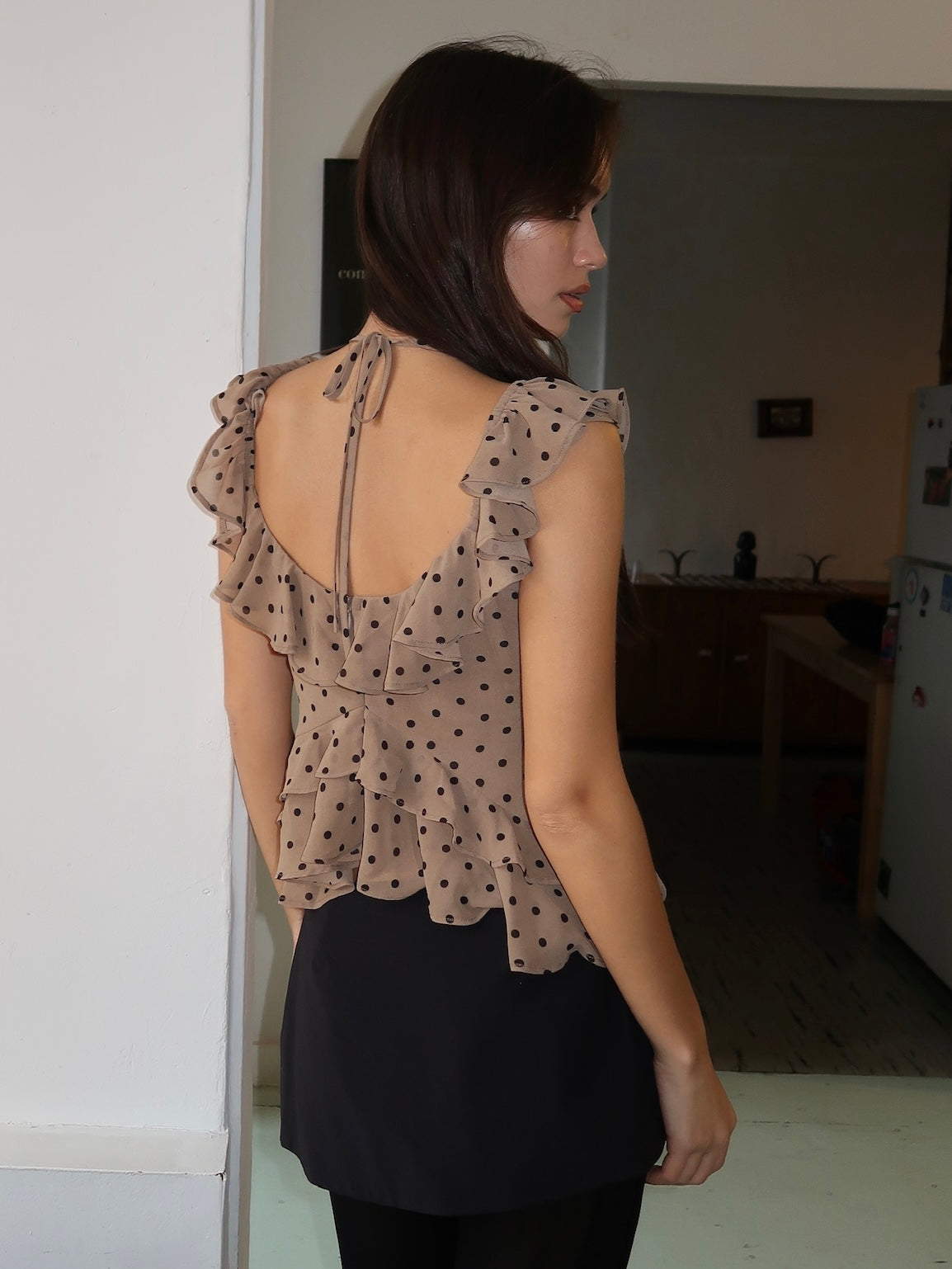 Carlson Ruffle Top in Choco Dot