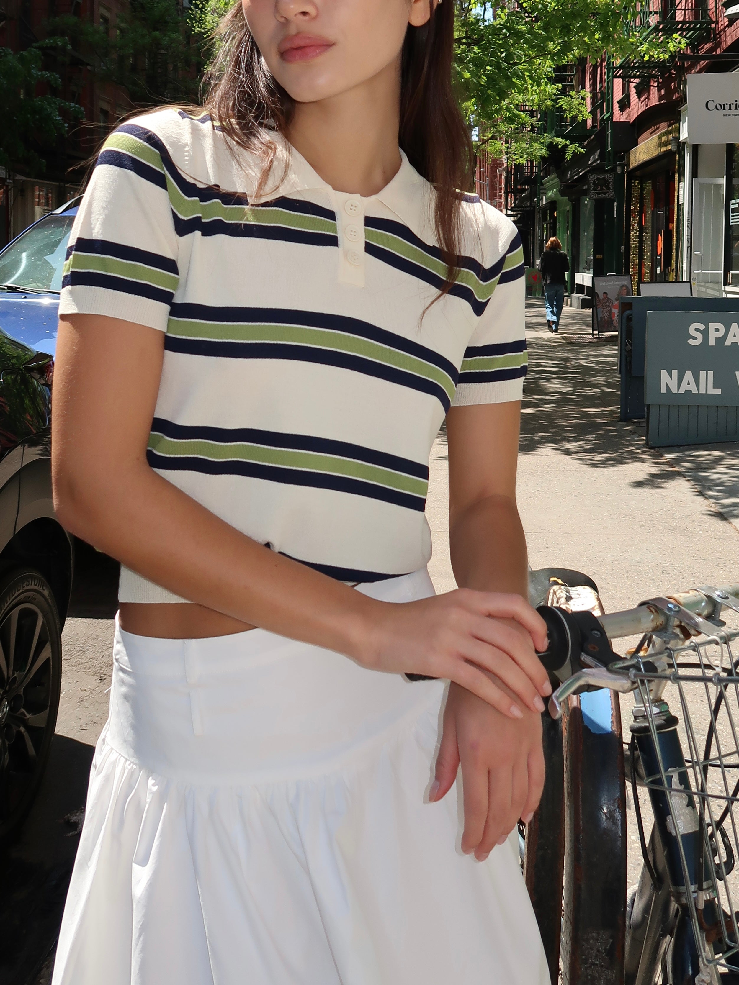 Olive Knit Polo in Green & Cream Stripe