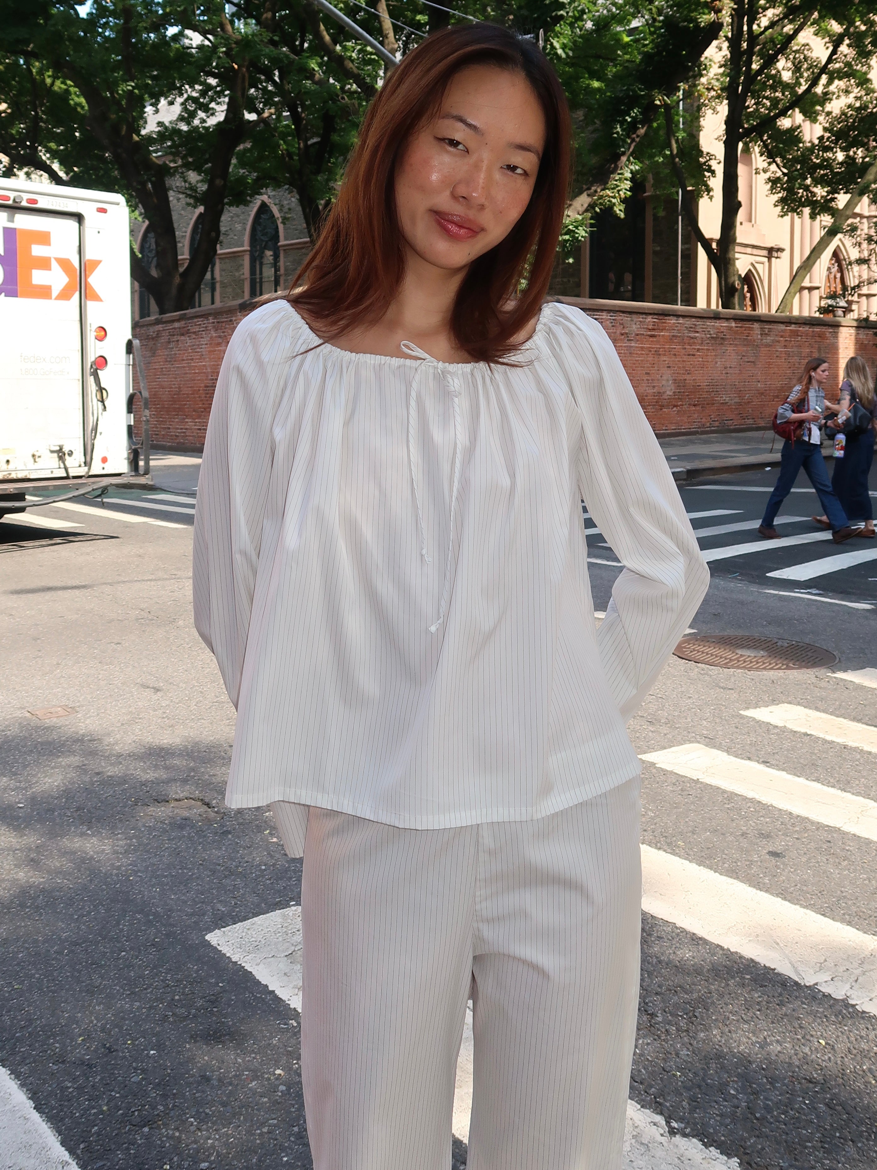 The Pop Pinstripe Tie Top in Powder