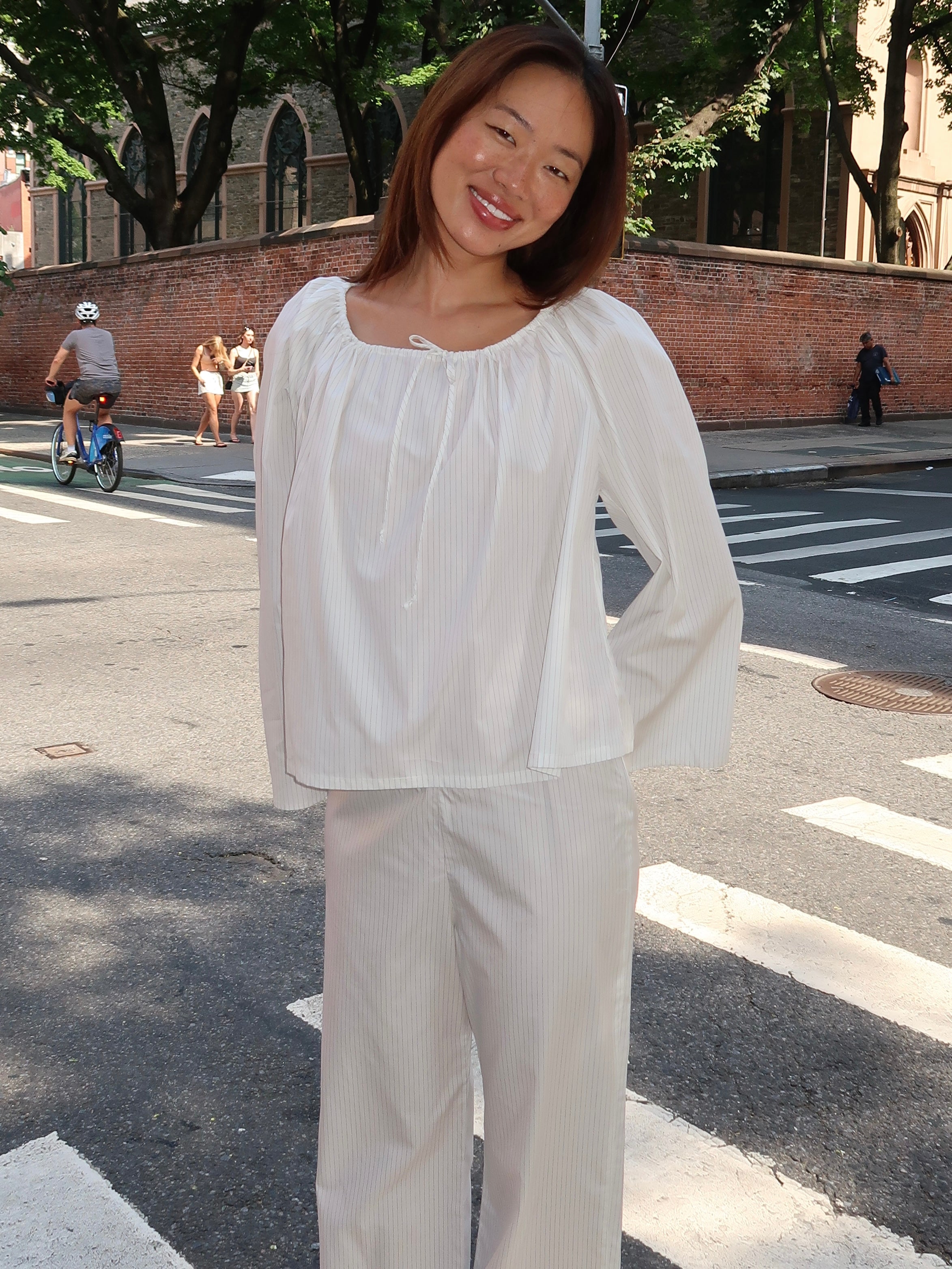 The Pop Pinstripe Tie Top in Powder