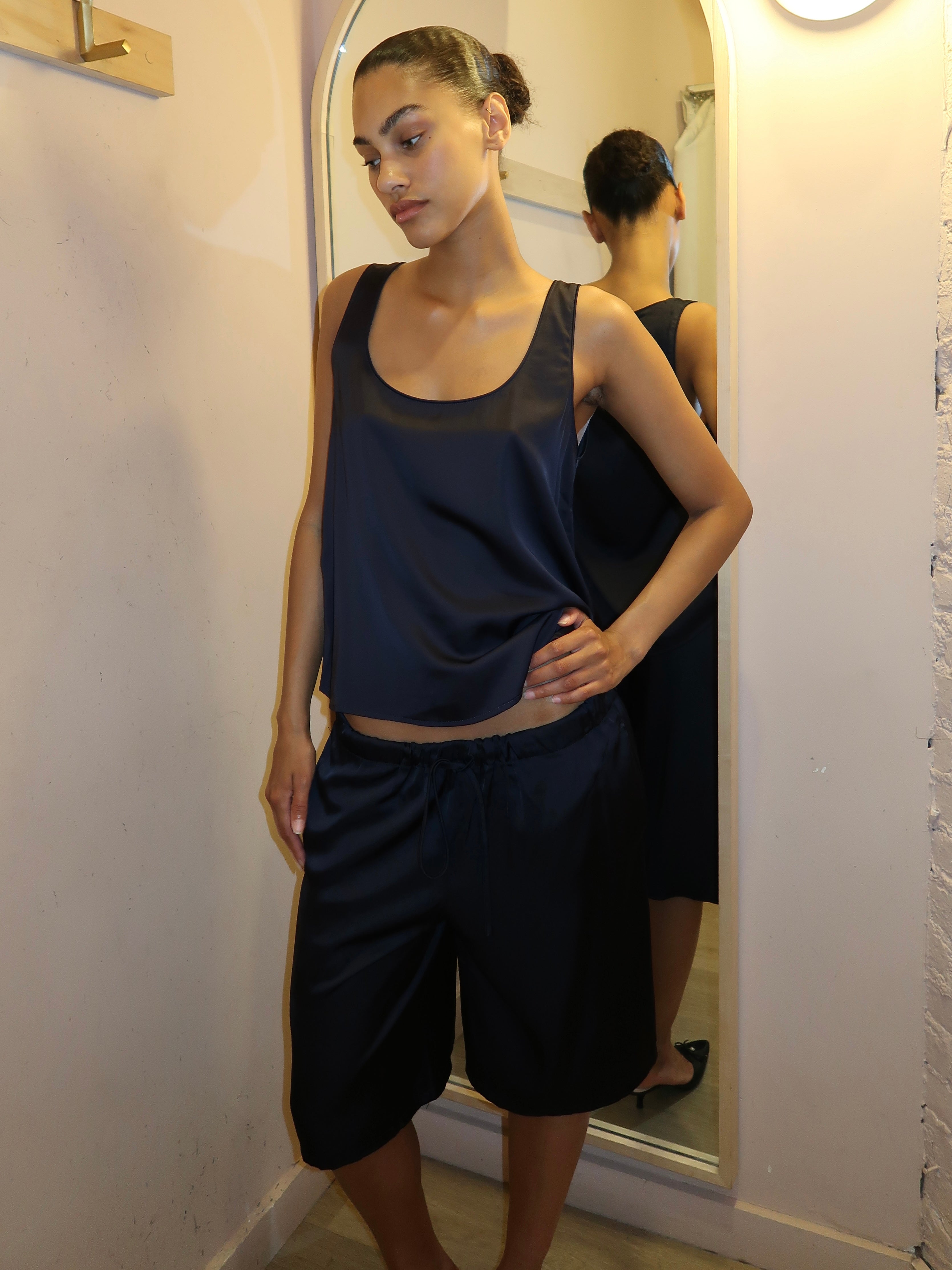 Serena Silky Satin Shorts in Navy