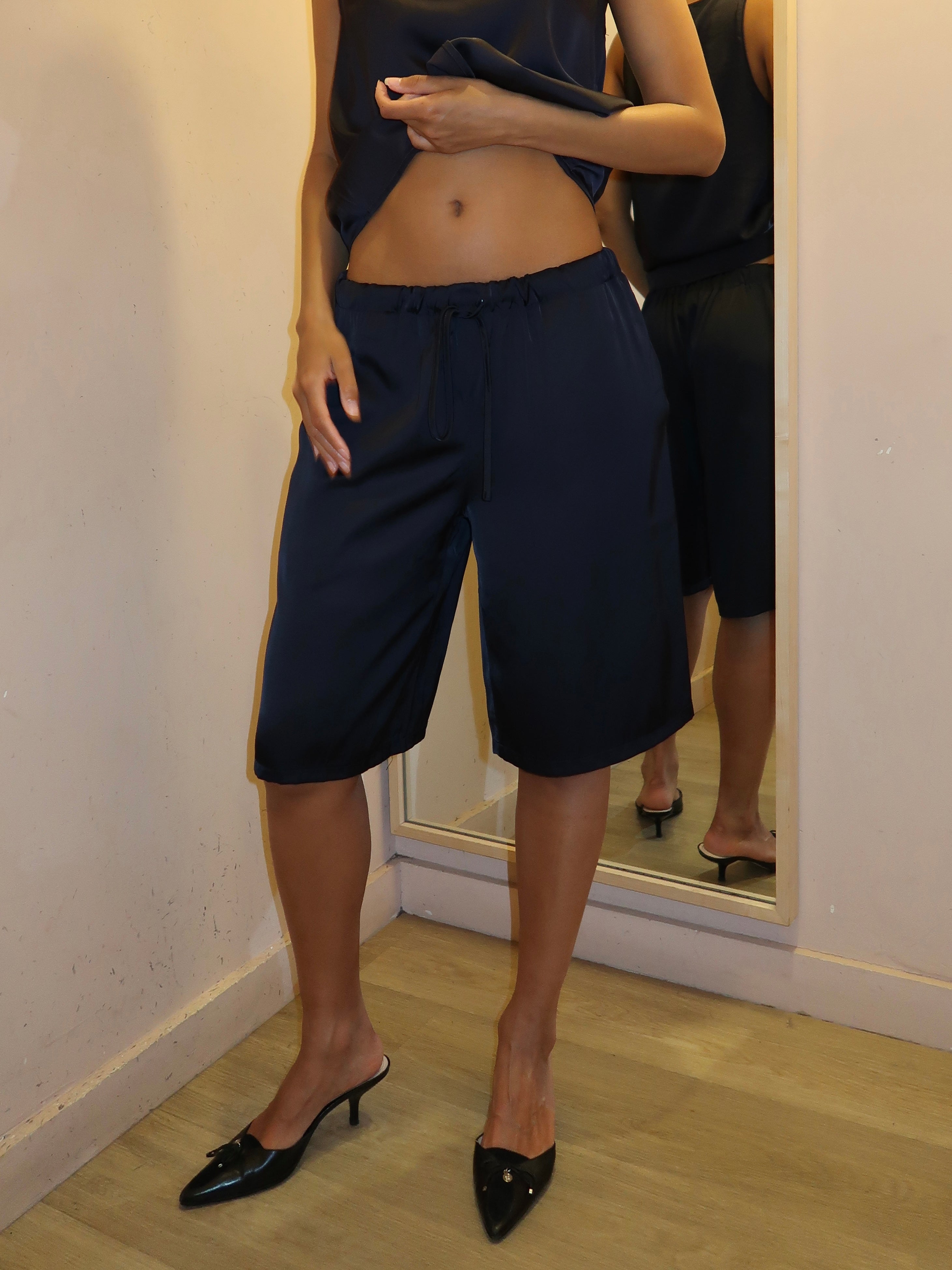 Serena Silky Satin Shorts in Navy