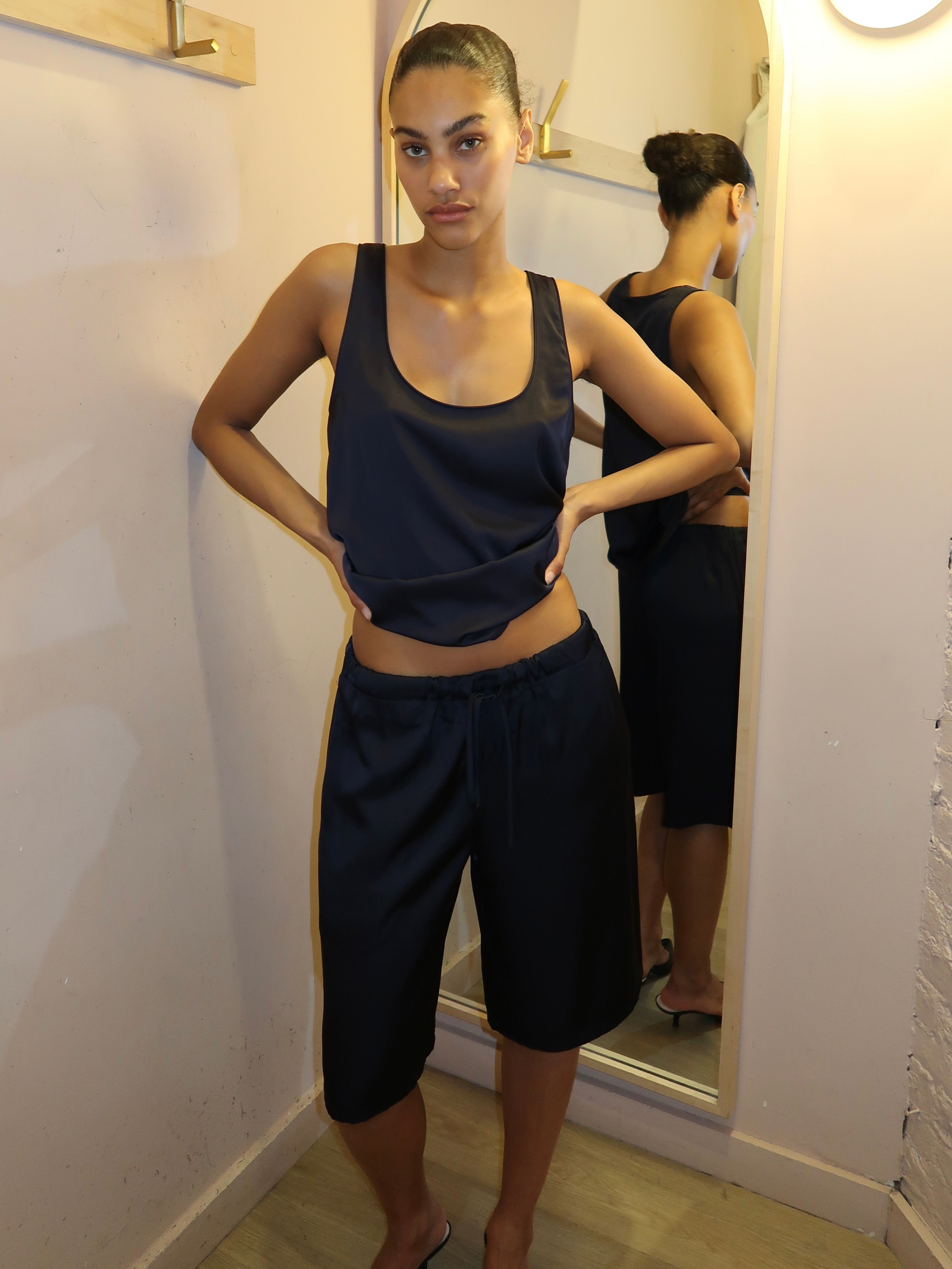 Serena Silky Satin Shorts in Navy
