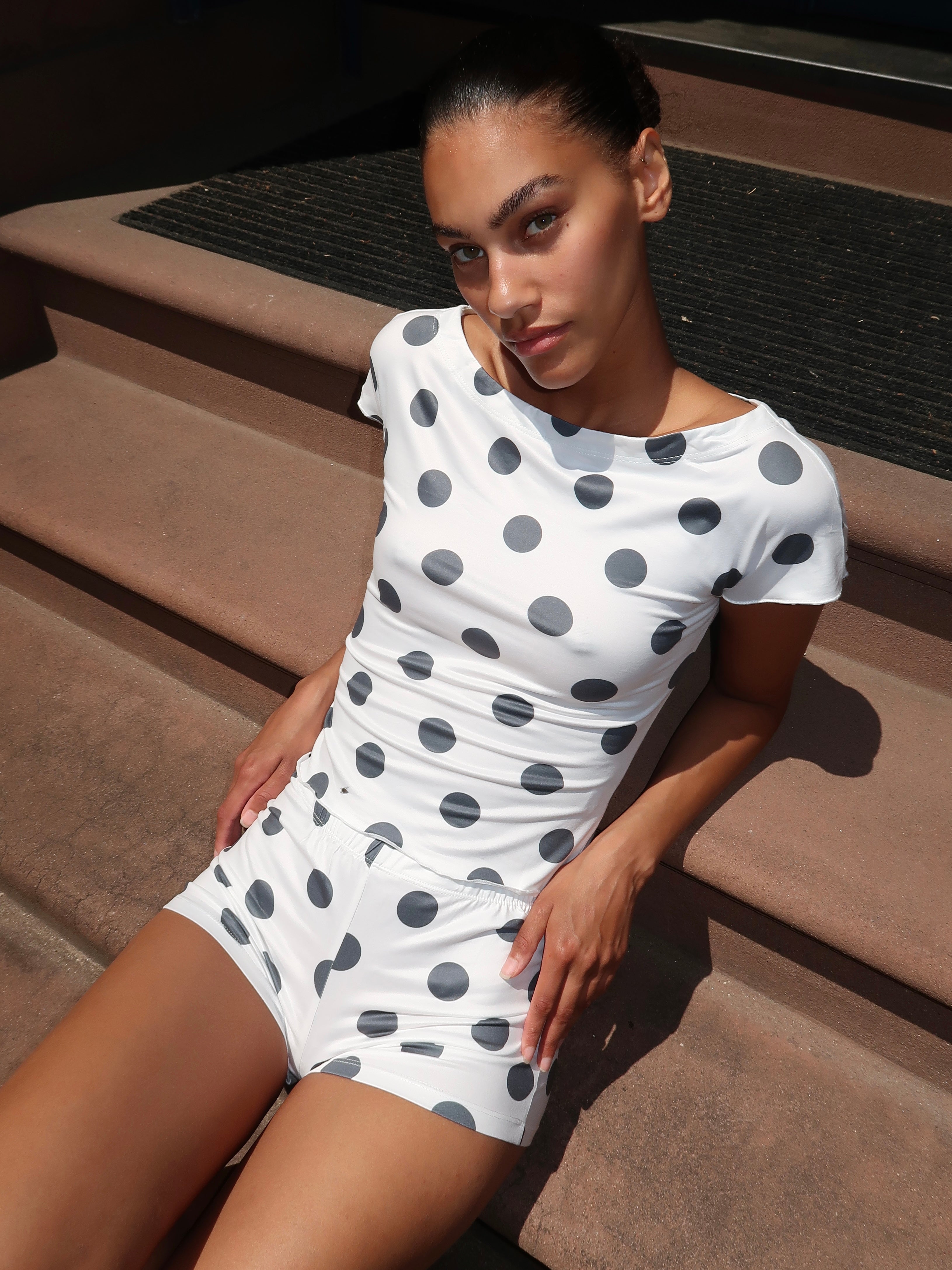 white dress with black polka dots Dolan Top & Short Set in White Polka Dot