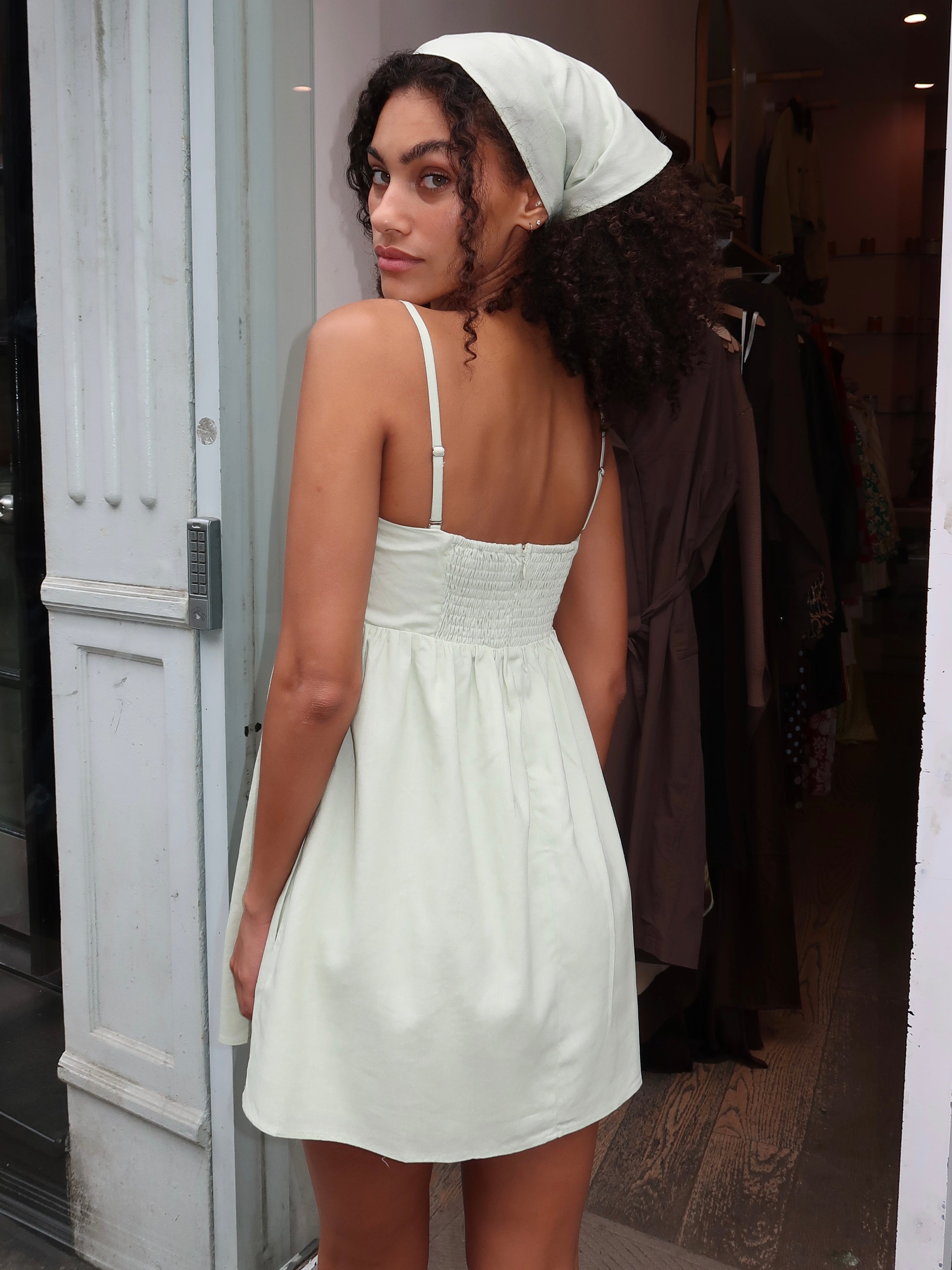 Santos Mini Dress & Headscarf in Sage