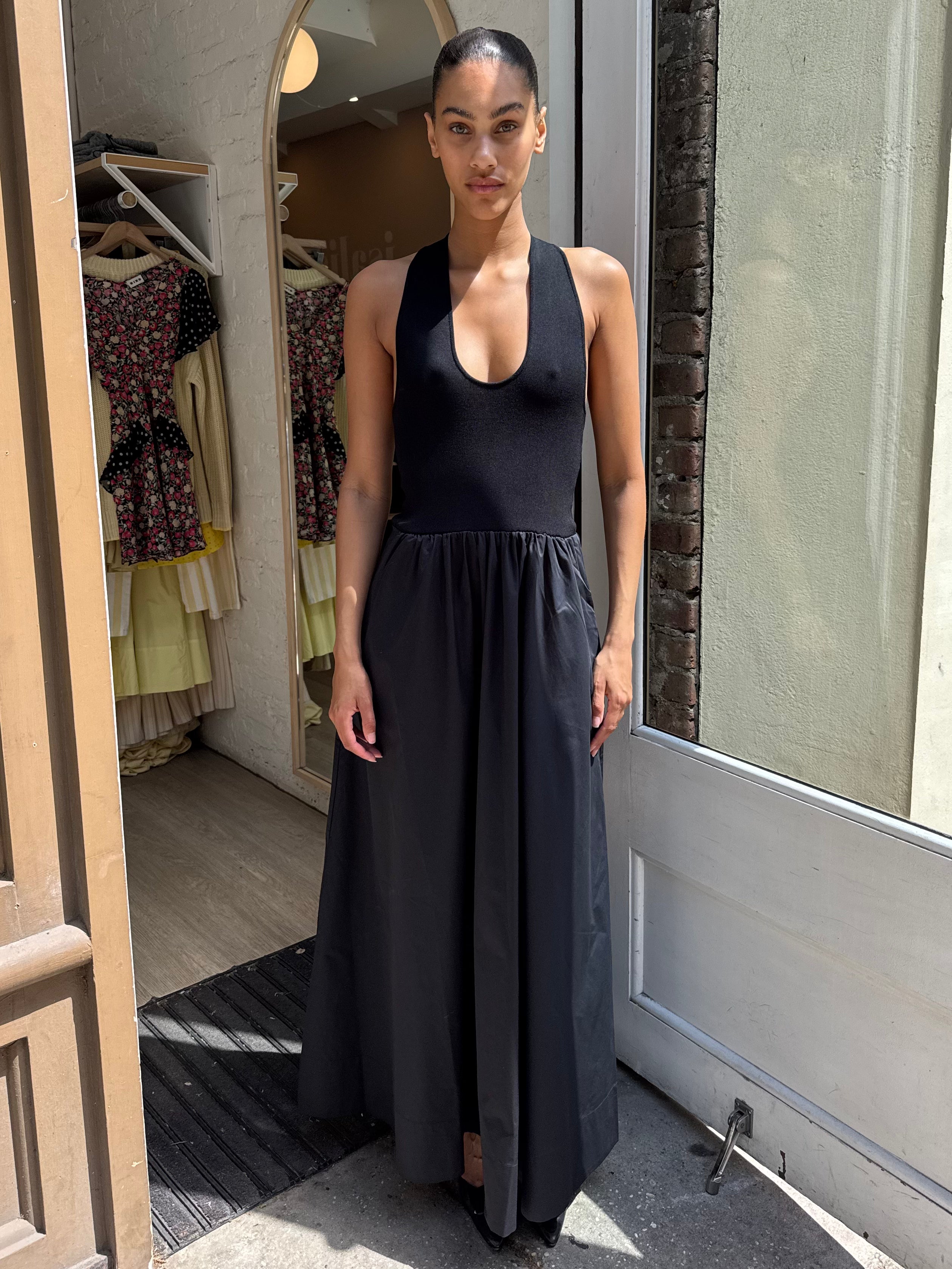 Plunge Neck Knit Dress in Black
