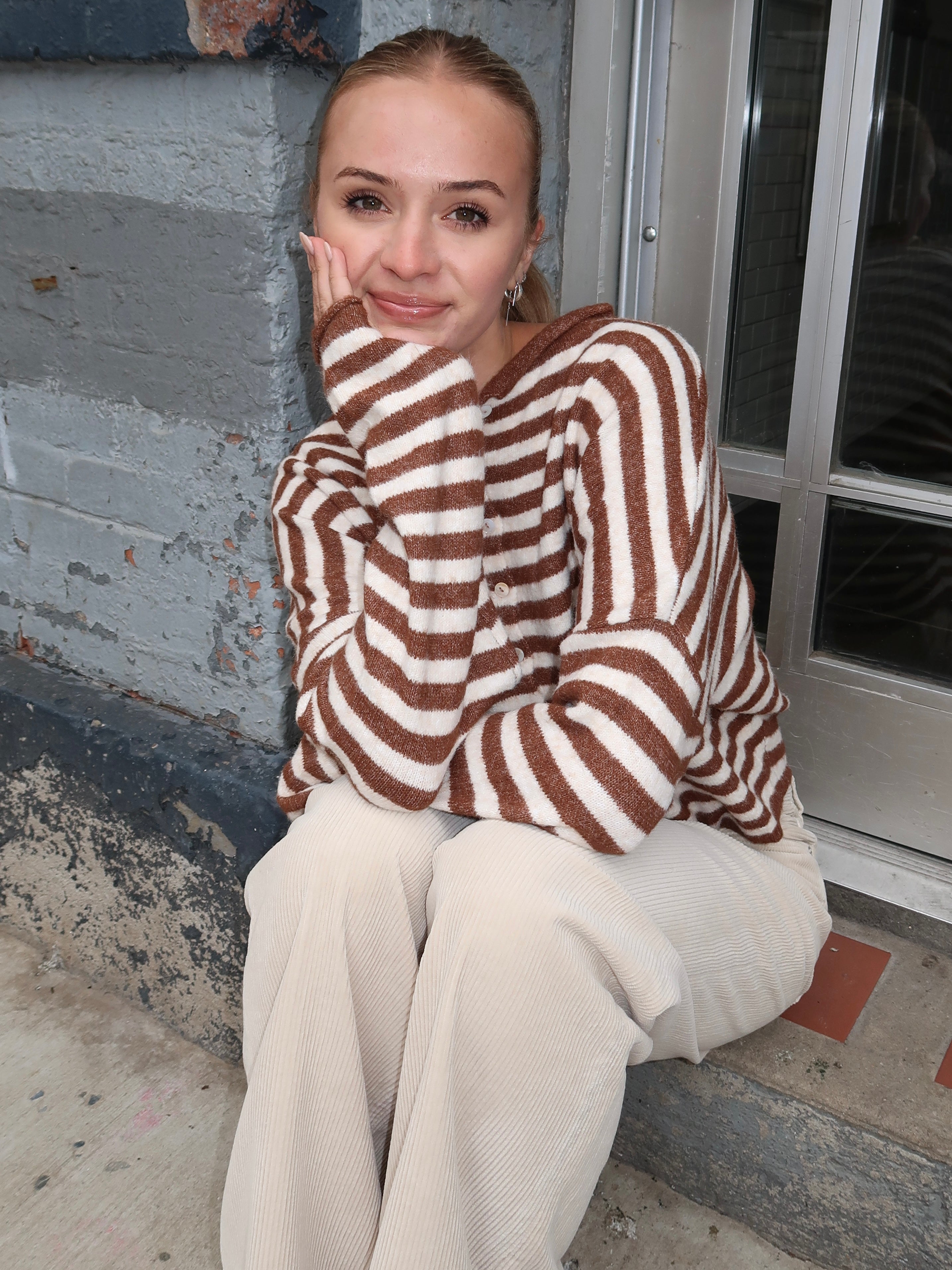 Pisces Button Down Cardigan in Brown & Ivory Stripe