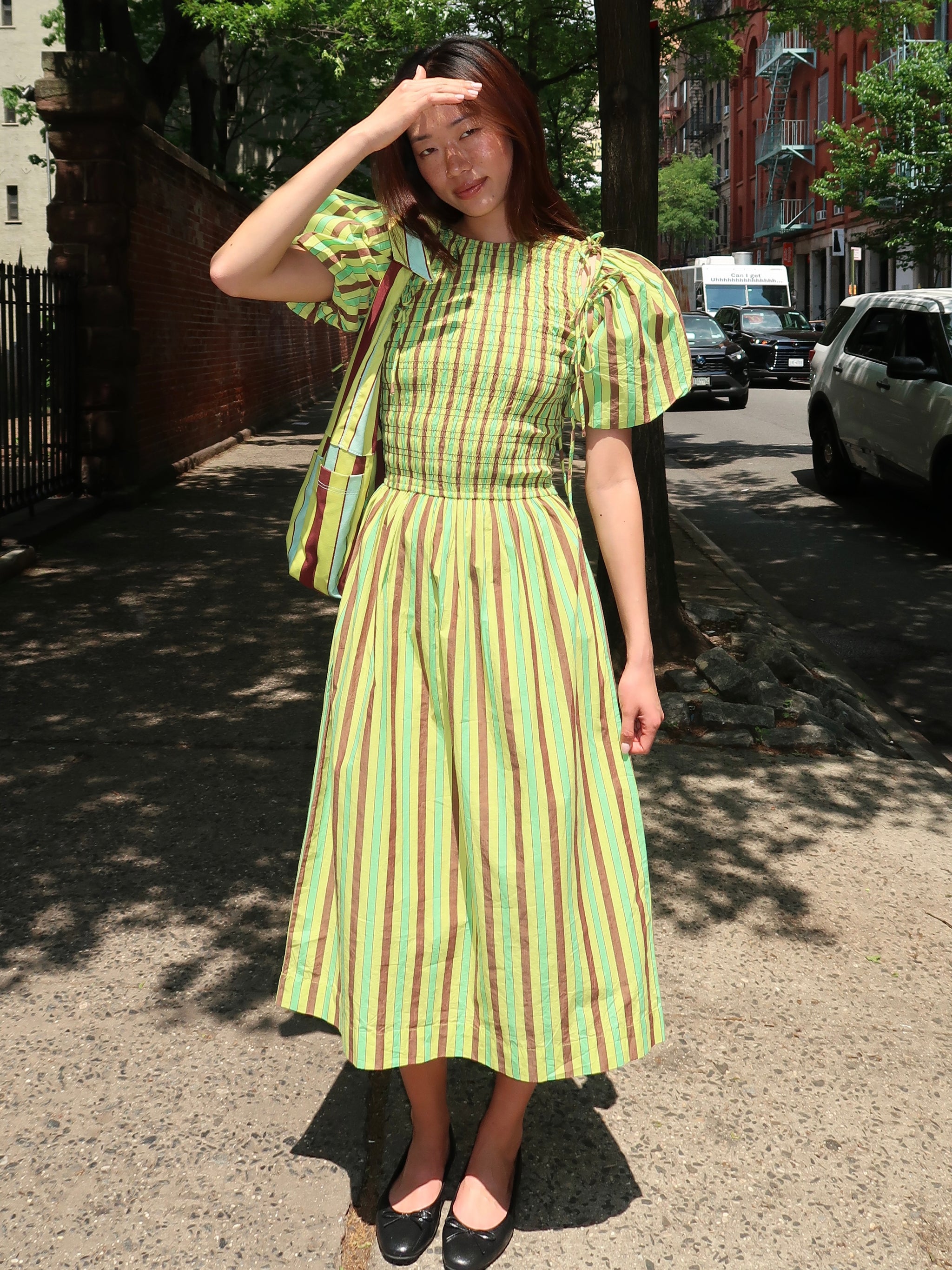 Becca Midi Dress in Tropical Business Stripe Isalis Becca Midi Dress in Tropical Business Stripe Isalis