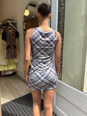 Aiden Asym Twist Mini Dress in Storm Plaid