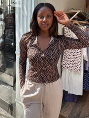 Alyssa Mesh Button Down in Choco Polka Dot