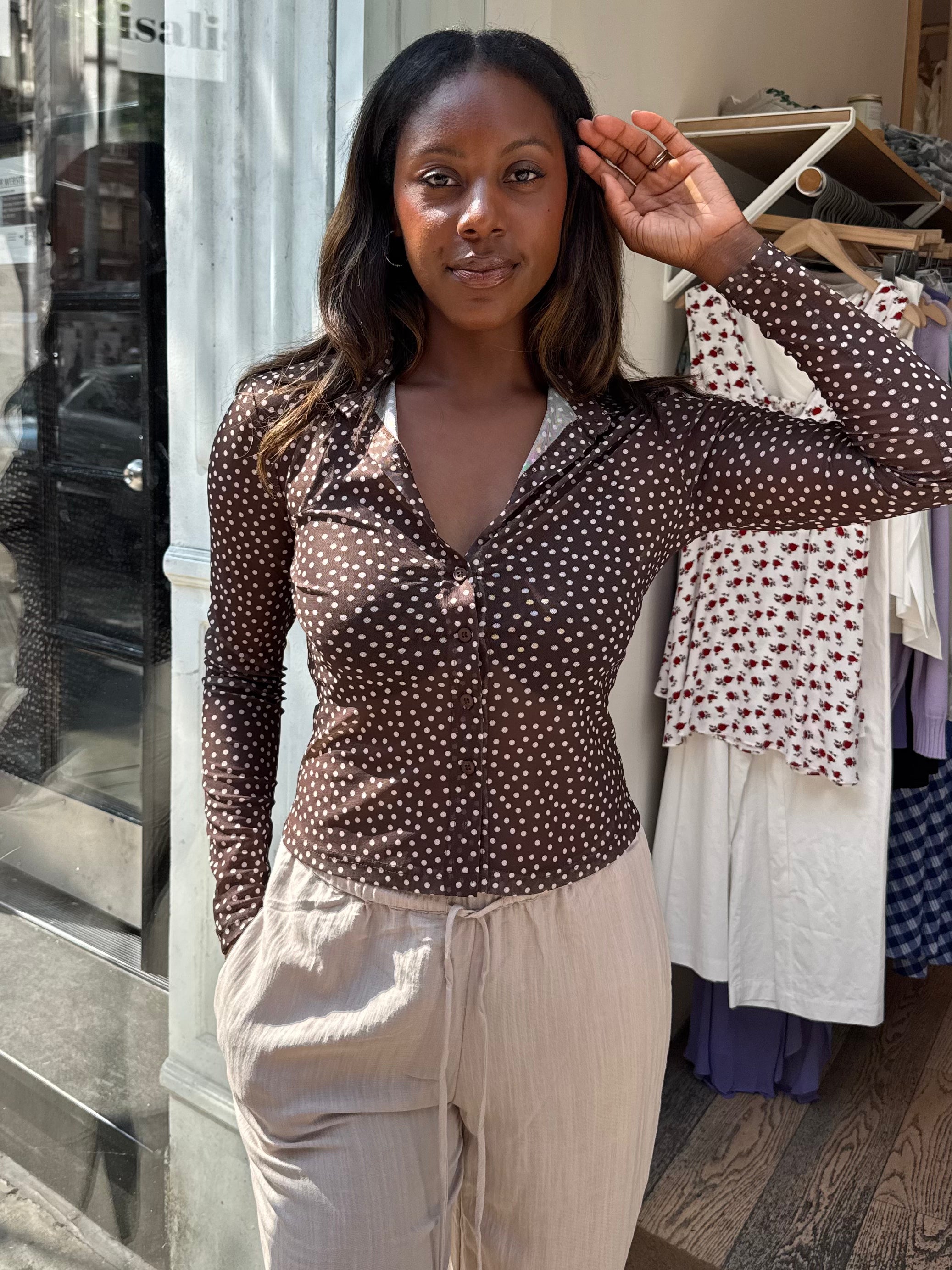 Alyssa Mesh Button Down in Choco Polka Dot