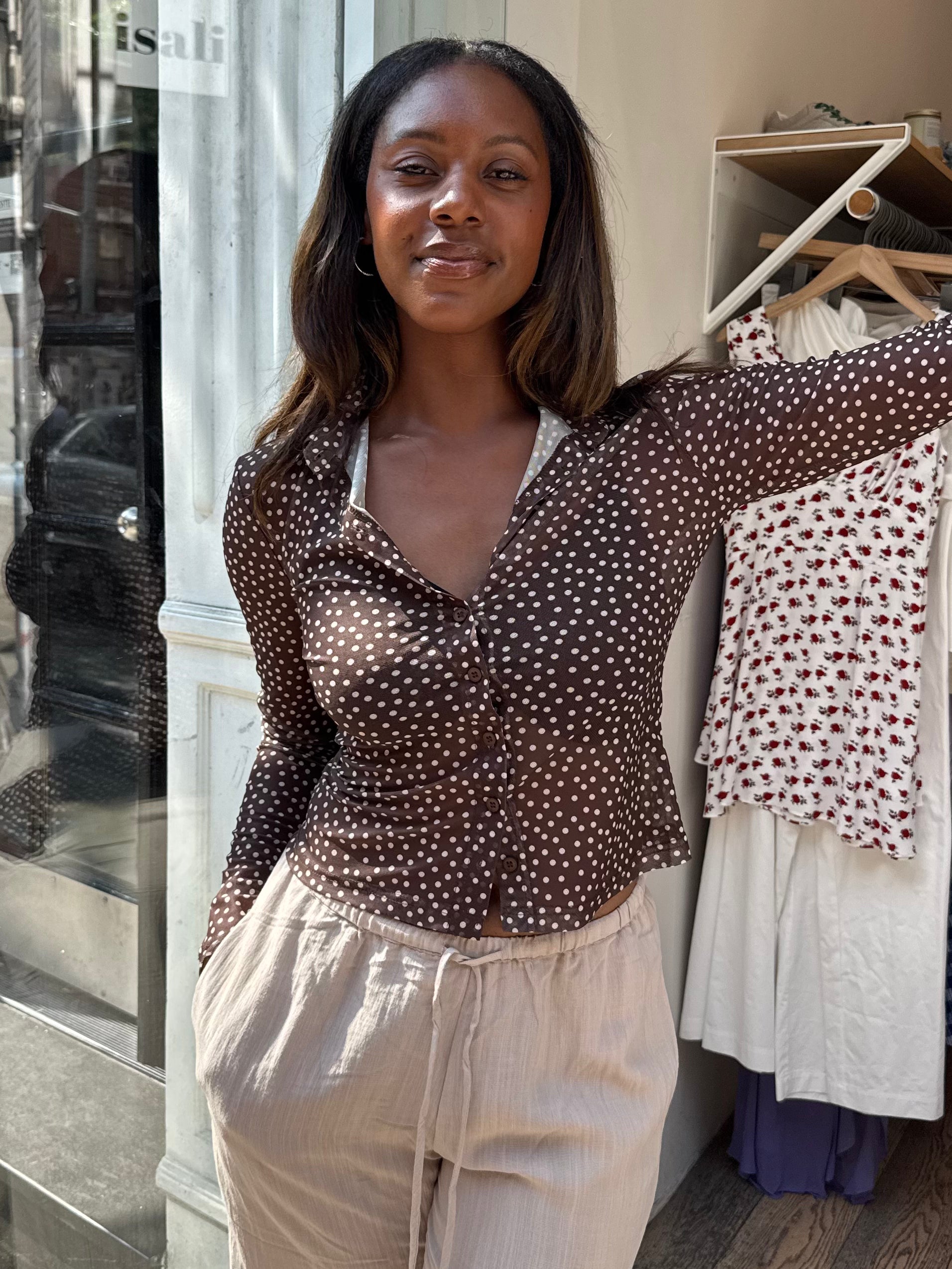 Alyssa Mesh Button Down in Choco Polka Dot