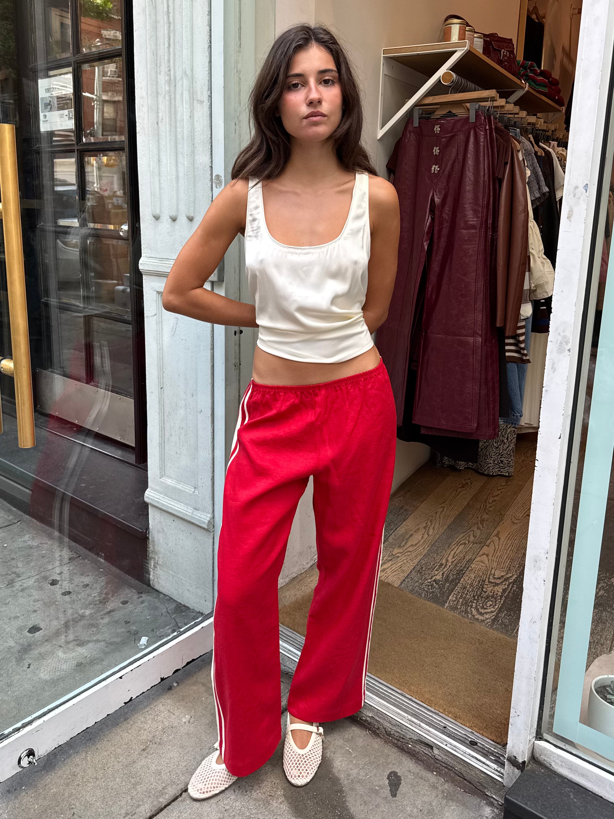 Linen Stripe Crop Racer Pant in Bell Pepper