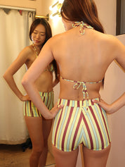 Picot Trim Triangle Bikini Top in Tropical Stripe