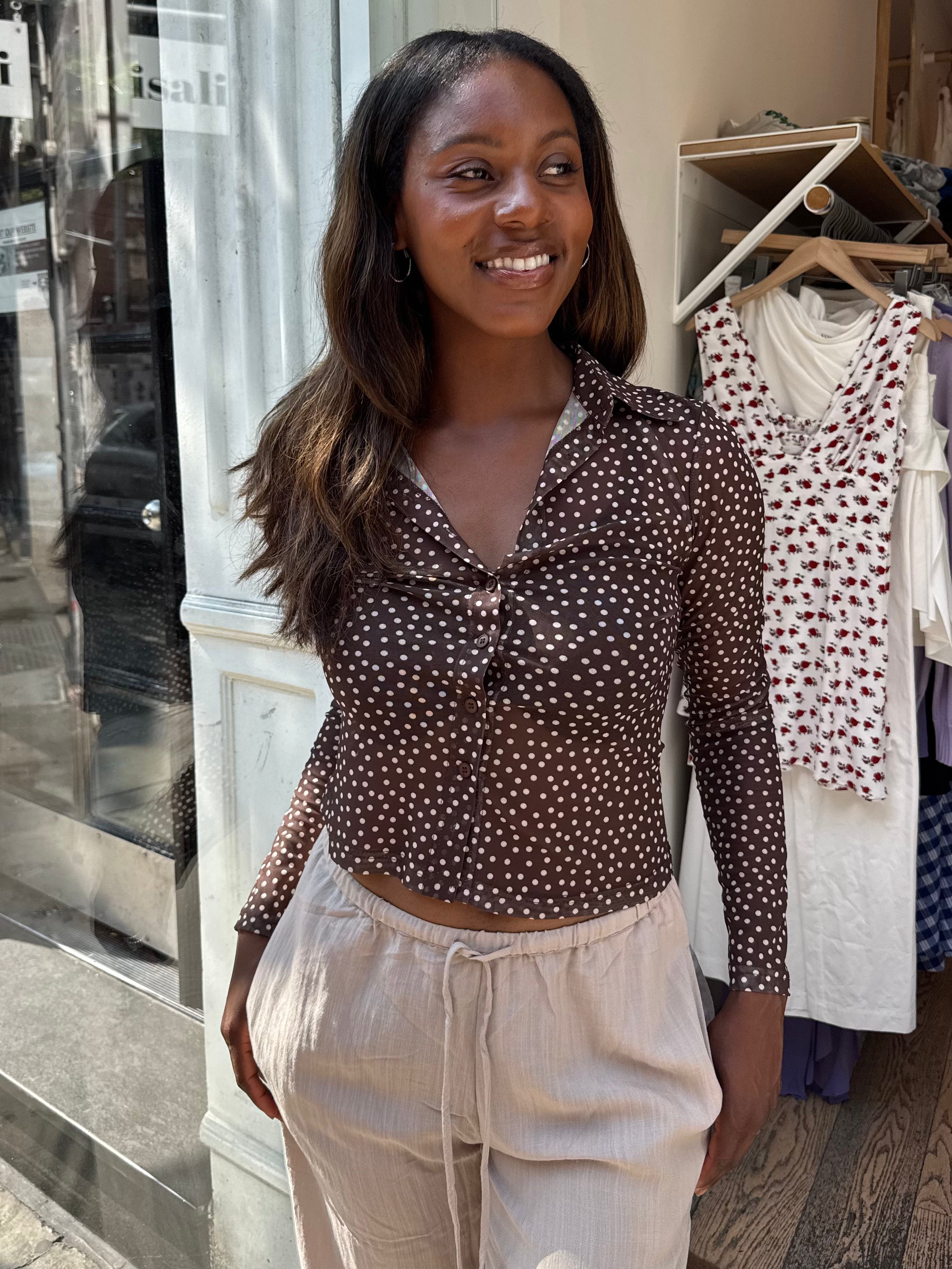 Alyssa Mesh Button Down in Choco Polka Dot
