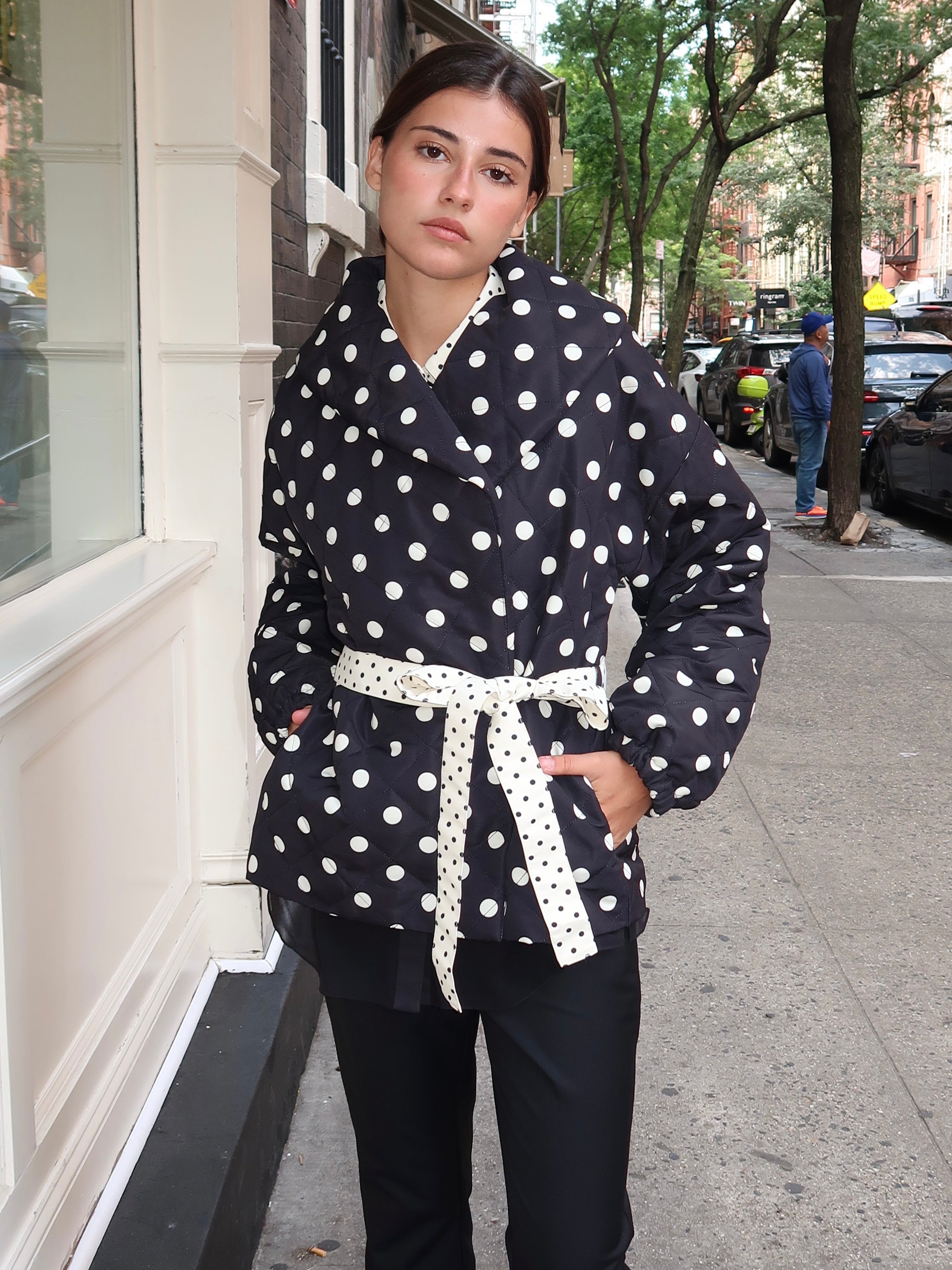 Portia Wrap Jacket in Black/Ivory Polka Dot